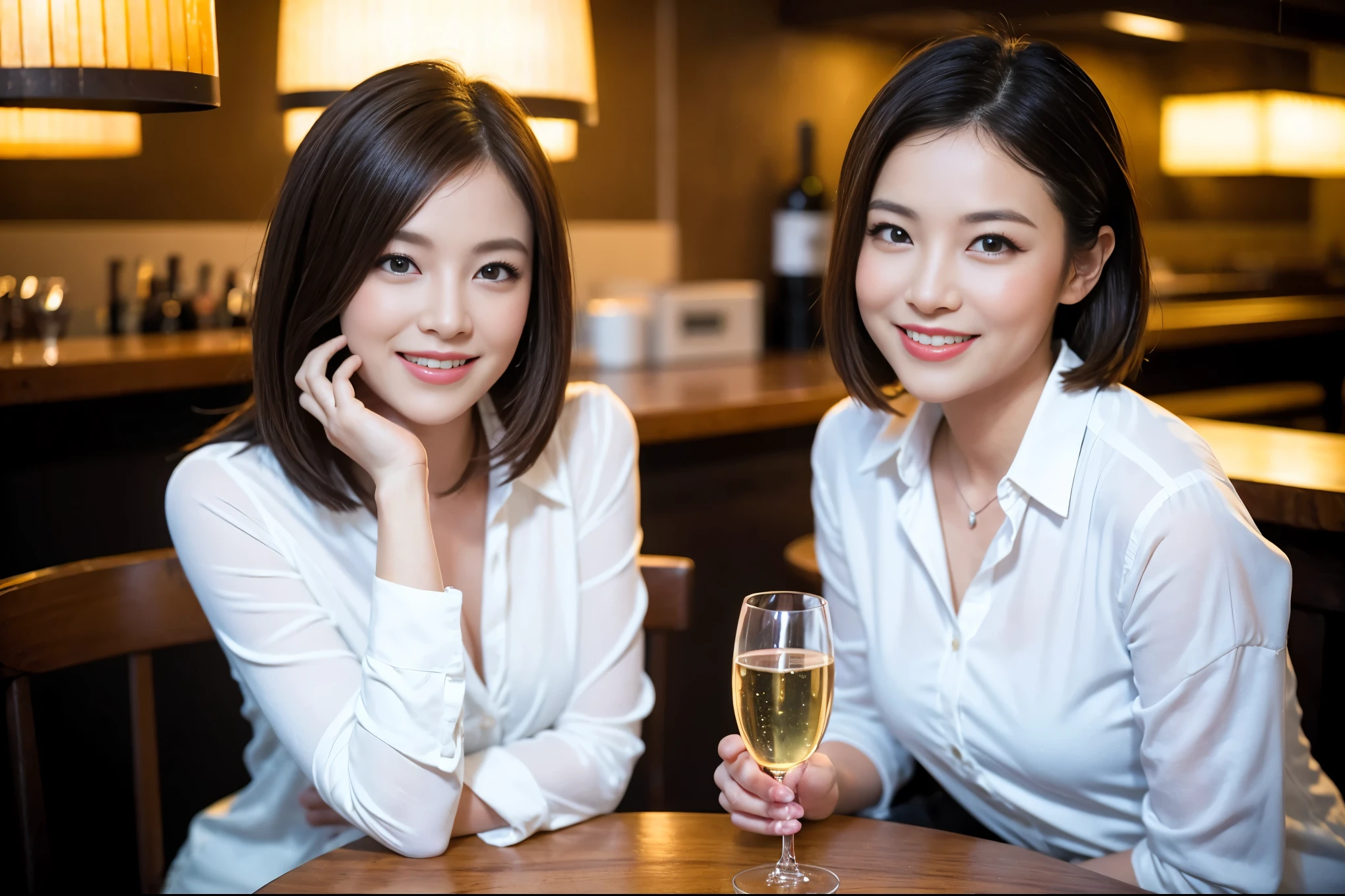 ((highest quality、8k、masterpiece:1.3))、1 male、1 female、石原さとみ似美女Couple、Spouse、Couple、The body is slim、((Bob Hale、Straight hair:1.2)), (Realistic, Intricate details:1.2), テーブルの上のwine glass、Put the light on your face、 Amazing view of the sunset sky and clouds、Amazing mountain views、A bright smile、The wonderfulness of smile、Bright image、The beauty of wine, Beautiful Face, blue eyes, The light shines on your face, Blushing, short hair,Bright Face、 (Age 37), "41 years old, red wine 、Appetizers、Italian food、Wine bottle、Champagne、sparkling wine、Two beauties、Brown Hair、Shortcuts、Long sleeve shirt、dress、Pretty Woman 1, (slimな顔), (The body is slim), (Brown Hair), (Shortcuts), cheeks turn a little red,Attractive beauty、restaurant, In a prominent place (From the waist up) Nova Frog Style, actress, model, Upper Body, White wine, slim, wine glass, 中央に置かれたwine glass, smile, (smile: 1.15), Beautiful fine grain, Depth f/2,saturation, High Contrast, Strong light and shadow,Moist Body:1.5、3D texture、Delicate eyes、Brown Hair、The hair is very shiny、