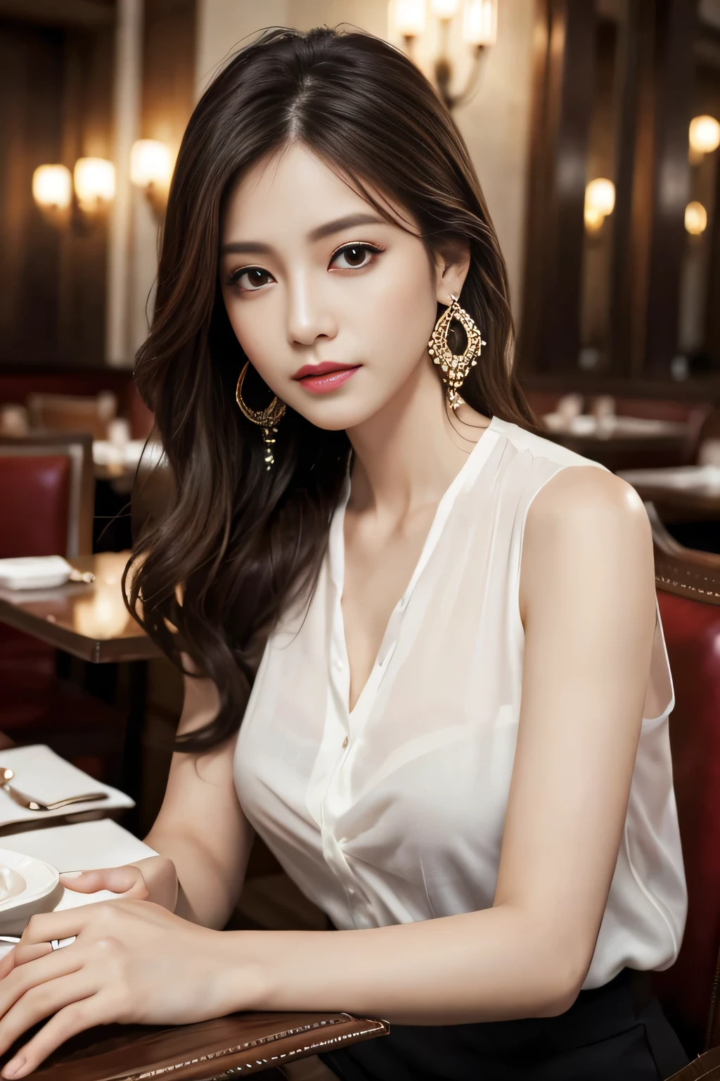 masterpiece, highest quality, Realistic, Very detailed, Finer details, High resolution, 8k wallpaper, One beautiful woman, Wear an elegant see-through shirt, In a great restaurant, At night, Light brown, messy mid-length hair, Perfect dynamic composition, Beautiful and beautiful eyes、Big earrings、Sitting in a chair、Sleeveless shirt、