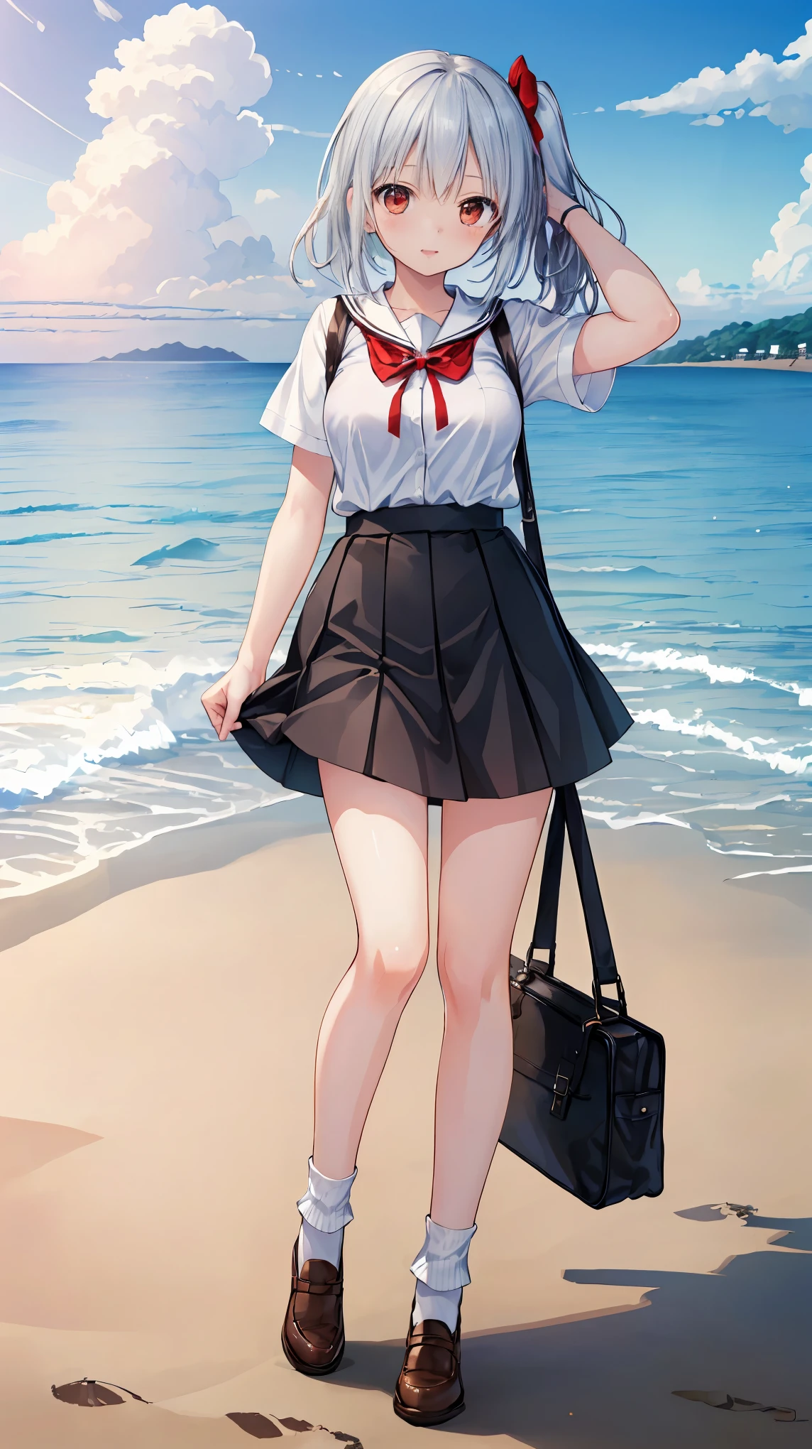 ((masterpiece)), ((highest quality)), ((High resolution)), ((Highly detailed CG Unity 8k wallpaper)), alone, tachibana kanade, Brown uniform, Black Skirt, White socks, Outdoor, face, Beach, Hanging hair, Parted hair, Silver Hair, 笑face, 