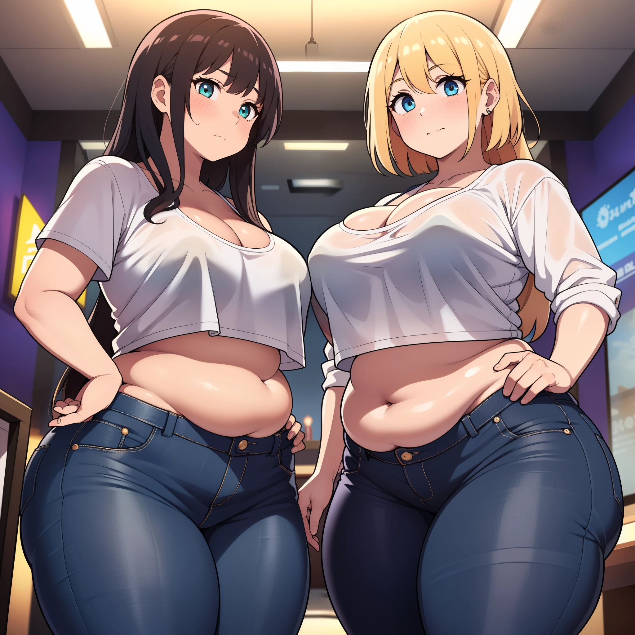 ((highres)), Masterpiece, high quality, best quality, beautiful, perfect lighting, detailed face, ultra cute face, from below, ((2girls)), blush, one girl has blonde hair, blue eyes, crop top and shorts, one girl has brown hair, green eyes, jeans, white shirt, fast food restaurant, cleavage, , ((wide )), (((thick thighs))), ((plump)), chubby belly, belly grab, fat folds, standing next to each other,