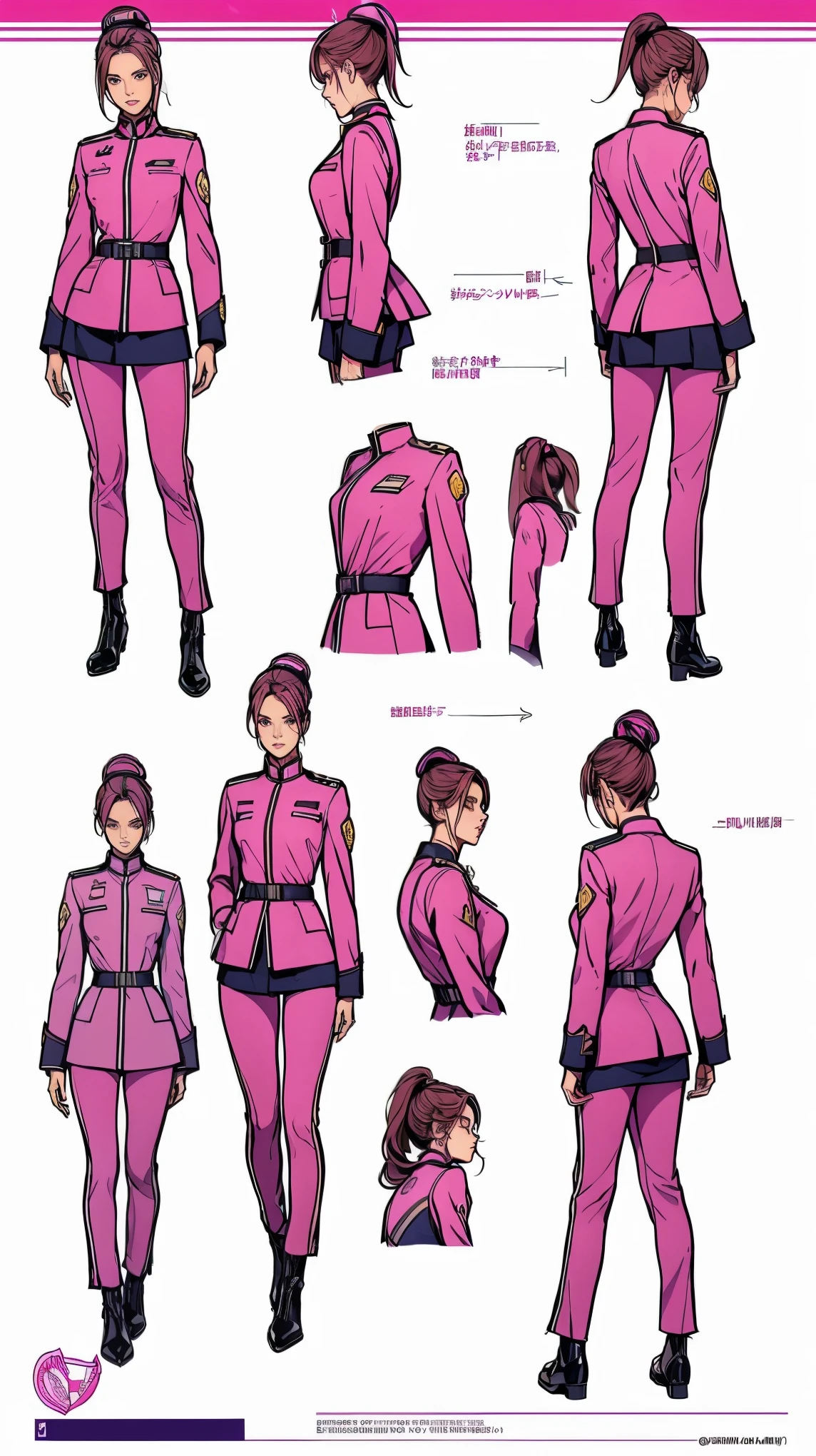 ((masterpiece)),(((highest quality))),((Reference Sheet, Character Design, front, return, ~ ~ side, Mr..々Hairstyle, Mr..々Performance, Facial Expressions)), , Cute type, (Very slim:1.4), (Very small ass:1.4), Realistic buttocks, Medium chest, Pink hair, mohawk and ponytail:1.2,Thin thighs, Long legs, It's not a big deal,(A female Earth Federation officer is walking), (Wearing Earth Federation military uniform, White and magenta military uniforms),(Worn by federal government employees'White Hat:1.5)
