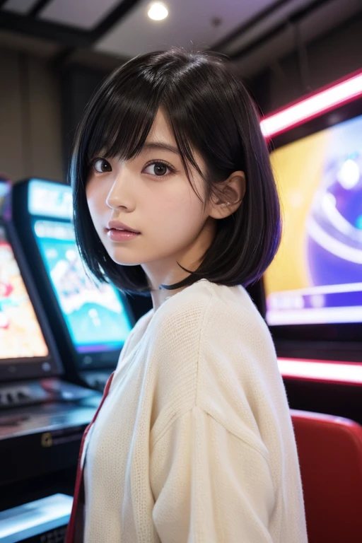 (((Girl playing at the game center、The man filming it)))、(High resolution:1.3), (16k, Photorealistic, Raw photo, Best image quality: 1.4), Japanese, (One Girl),  (Black-haired、short hair:1.3), Beautiful Hairstyles, (Realistic Skin), Beautiful skins, attractive, 超A high resolution, Surreal, High detail, Golden Ratio, Highly detailed cute girl,(20-year-old)、fashion magazine