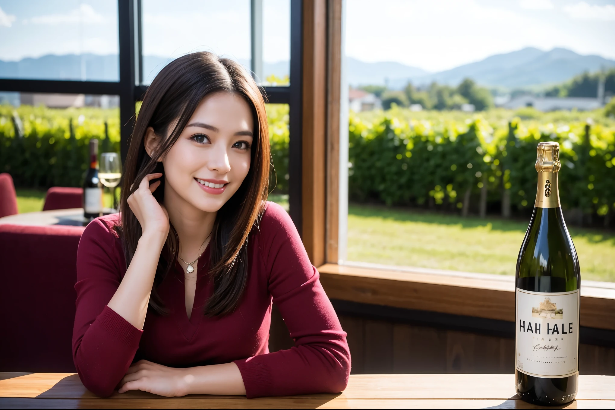 ((highest quality、8k、masterpiece:1.3))、1 male、1 female、石原さとみ似美女Couple、Spouse、Couple、The body is slim、((Bob Hale、Straight hair:1.2)), (Realistic, Intricate details:1.2), テーブルの上のwine glass、Shine light on your face、 Amazing view of the sunset sky and clouds、Amazing mountain views、A bright smile、The wonderfulness of smile、Bright image、The beauty of wine, Beautiful Face, blue eyes, The light shines on your face, Blushing, short hair,Bright Face、 (Age 37), "41 years old, red wine 、Appetizers、Italian food、Wine bottle、Champagne、sparkling wine、Two beauties、Brown Hair、Shortcuts、Long sleeve shirt、dress、Pretty Woman 1, (slimな顔), (The body is slim), (Brown Hair), (Shortcuts), cheeks turn a little red,Attractive beauty、restaurant, In a prominent place (From the waist up) Nova Frog Style, actress, model, Upper Body, White wine, slim, wine glass, 中央に置かれたwine glass, smile, (smile: 1.15), Beautiful fine grain, Depth f/2,saturation, High Contrast, Strong light and shadow,Moist Body:1.5、3D texture、Delicate eyes、Brown Hair、The hair is very shiny、