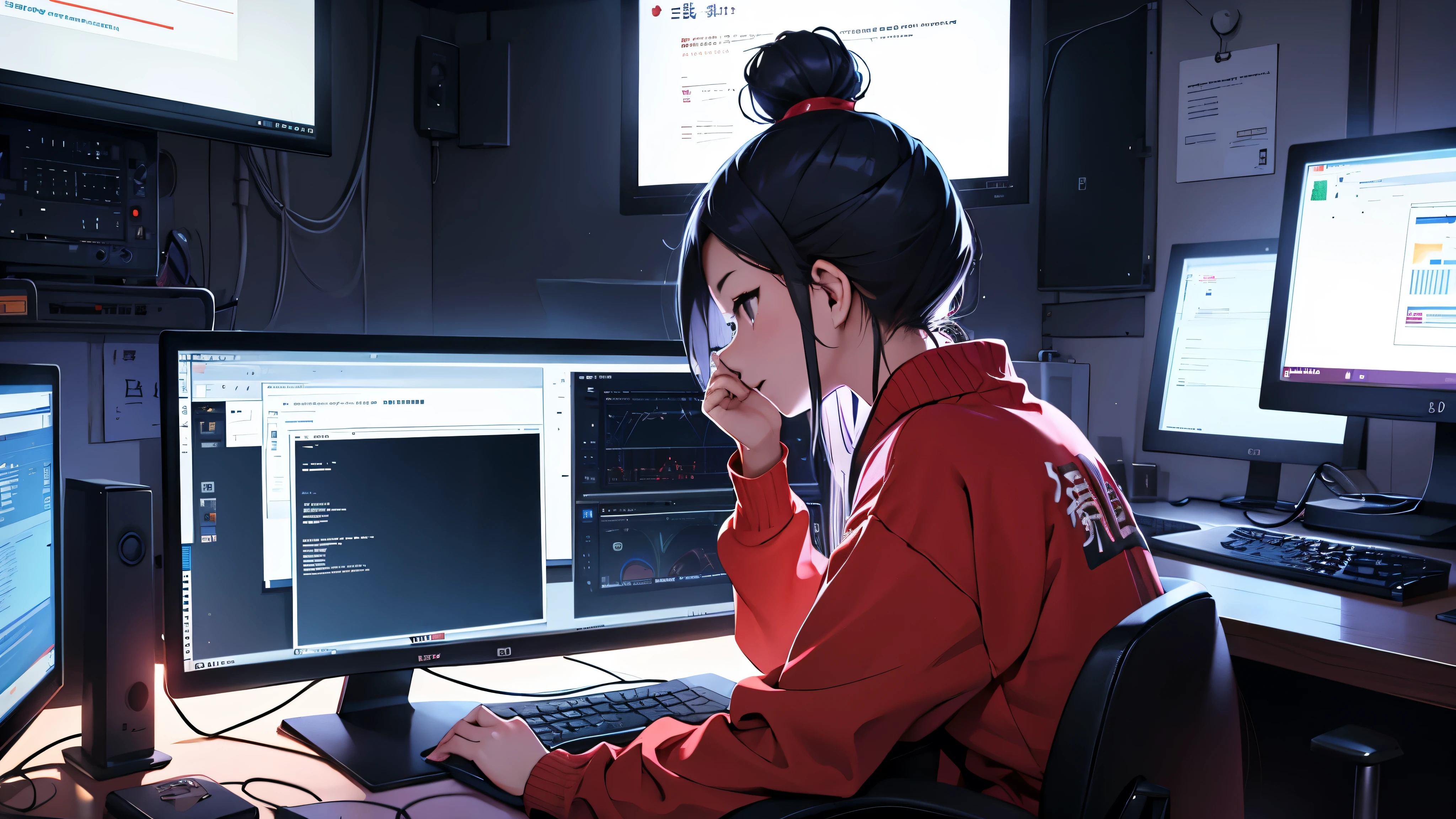 Uma chinesa de 16 anos, hacker especialista em tecnologia. She is in her cozy and relaxing room typical of a Chinese teenager. She is looking at the monitor screen.