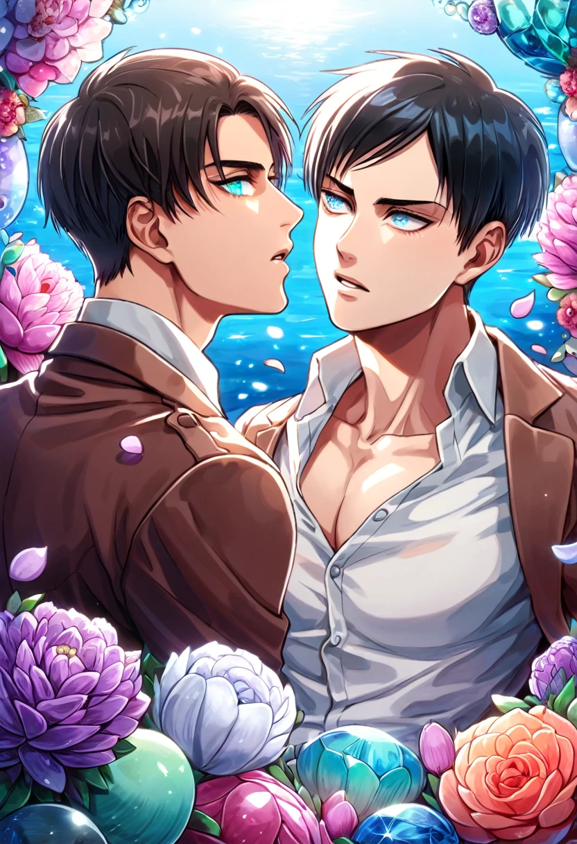 Ultra detailed, Highres, absurdres, HDR, master piece, Eren Jeager, brown hair, expressive turquoise eyes, Levi Ackerman, black hair, expressive silver eyes, Shingeki No Kyojin, two sexy man together, gay couple, love, extremely detailed eyes and face, water, purple flowers, purple fireflies, petals, fantasy, magic, best quality, sexy, toned chest, brown jacket, white shirt, handsome, yaoi, white pants