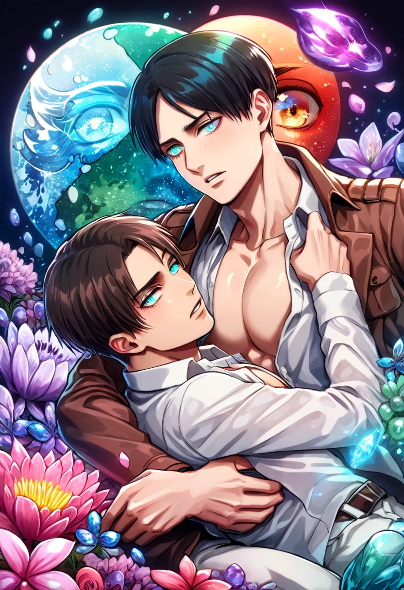 Ultra detailed, Highres, absurdres, HDR, master piece, Eren Jeager, brown hair, expressive turquoise eyes, Levi Ackerman, black hair, expressive silver eyes, Shingeki No Kyojin, two sexy man together, gay couple, love, extremely detailed eyes and face, water, purple flowers, purple fireflies, petals, fantasy, magic, best quality, sexy, toned chest, brown jacket, white shirt, handsome, yaoi, white pants