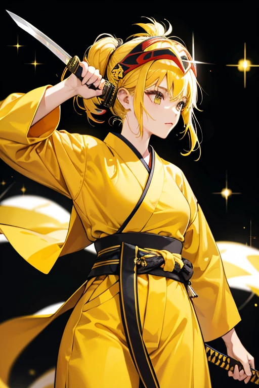 she wears a yellow Haori and a yellow and red belt over her ninja outfit. sHe also wears a decorated warrior helmet and carries around a katana. SPARKLE; GLITTER