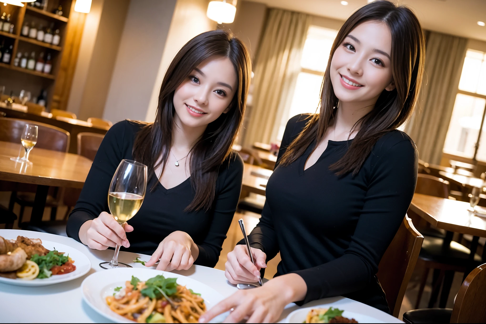((highest quality、8k、masterpiece:1.3))、1 male、1 female、石原さとみ似美女Couple、Spouse、Couple、The body is slim、((Bob Hale、Straight hair:1.2)), (Realistic, Intricate details:1.2), テーブルの上のwine glass、Shine light on your face、 Amazing view of the sunset sky and clouds、Amazing mountain views、A bright smile、The wonderfulness of smile、Bright image、The beauty of wine, Beautiful Face, blue eyes, The light shines on your face, Blushing, short hair,Bright Face、 (Age 37), "41 years old, red wine 、Appetizers、Italian food、Wine bottle、Champagne、sparkling wine、Two beauties、Brown Hair、Shortcuts、Long sleeve shirt、dress、Pretty Woman 1, (slimな顔), (The body is slim), (Brown Hair), (Shortcuts), cheeks turn a little red,Attractive beauty、restaurant, In a prominent place (From the waist up) Nova Frog Style, actress, model, Upper Body, White wine, slim, wine glass, 中央に置かれたwine glass, smile, (smile: 1.15), Beautiful fine grain, Depth f/2,saturation, High Contrast, Strong light and shadow,Moist Body:1.5、3D texture、Delicate eyes、Brown Hair、The hair is very shiny、
