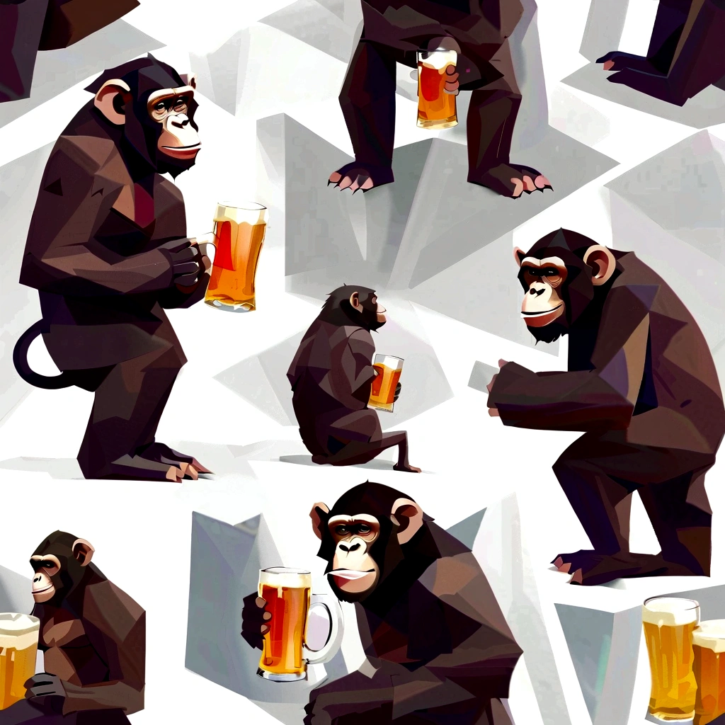 Perfect centering, 1 cute chimpanzee, Wearing a jacket,Crystal Vase,rose, Wearing sunglasses, Cheerfulness, Standing position, Abstract Beauty, in the center, looking at the camera, A toast pose with a beer glass raised in one hand。To the camera, Approaching perfection, dynamic, Very detailed, Smooth, Sharp focus, 8k, high resolution resolution, shape, art:Carne Griffith and Vadim Kashin, White Background