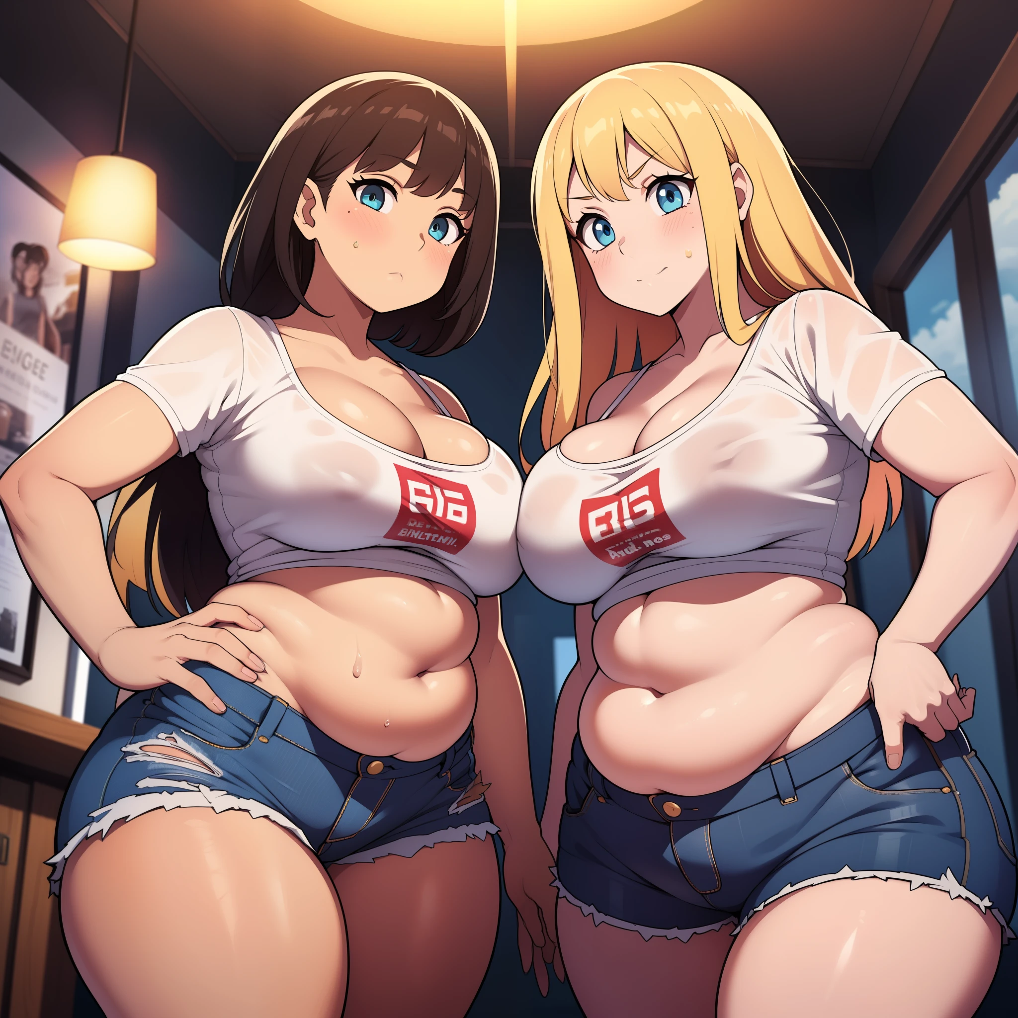 ((highres)), Masterpiece, high quality, best quality, beautiful, perfect lighting, detailed face, ultra cute face, from below, ((2girls)), blush, one girl has blonde hair, blue eyes, crop top and shorts, one girl has brown hair, green eyes, jeans, white shirt, fast food restaurant, cleavage, medium breasts, ((wide hips)), (((thick thighs))), ((plump)), chubby belly, belly grab, fat folds, standing next to each other,