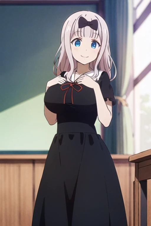 highest quality, (masterpiece:1.2), detailed,
fujiwara chika (Kaguya-sama),
One girl, alone, Open your mouth, smile,
Pink Hair, blue eyes, Long Hair,
, Black Dress, Hair Ribbon, Black Bow, Red ribbon,
Are standing, Put your hands together, Looking at the audience,
classroom、（Huge breasts:2）