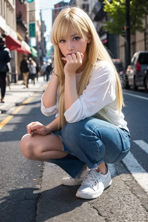 Morning sickness、Caucasian、Blonde、squat