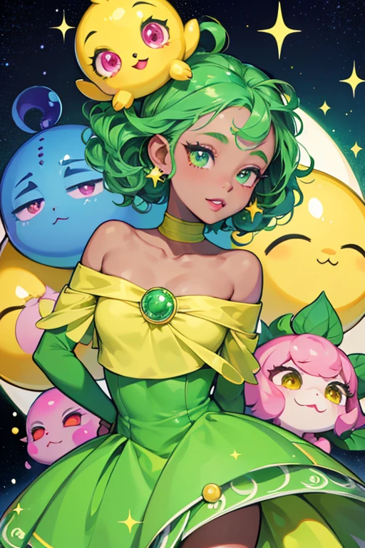 Mushikuitchi's head is round and yellow, and her body looks like a green leaf with a hole in one side. She has dark blue arms, pink lips, and beady eyes. She has a large curl on her head which is similar to Memetchi's, and curly eyelashes. SPARKLE; GLITTER