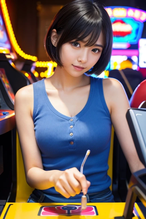 (((A girl playing a racing game at an arcade、The man filming it)))、(High resolution:1.3), (16k, Photorealistic, Raw photo, Best image quality: 1.4), Japanese, (One Girl), (Black-haired、short hair:1.3), Beautiful Hairstyles, (Realistic Skin), Beautiful skins, attractive, 超A high resolution, Surreal, High detail, Golden Ratio, Highly detailed cute girl,(20-year-old)、Fashion Model