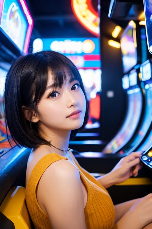 (((A girl playing a racing game at an arcade、The man filming it)))、(High resolution:1.3), (16k, Photorealistic, Raw photo, Best image quality: 1.4), Japanese, (One Girl),  (Black-haired、short hair:1.3), Beautiful Hairstyles, (Realistic Skin), Beautiful skins, attractive, 超A high resolution, Surreal, High detail, Golden Ratio, Highly detailed cute girl,(20-year-old)、Fashion Model