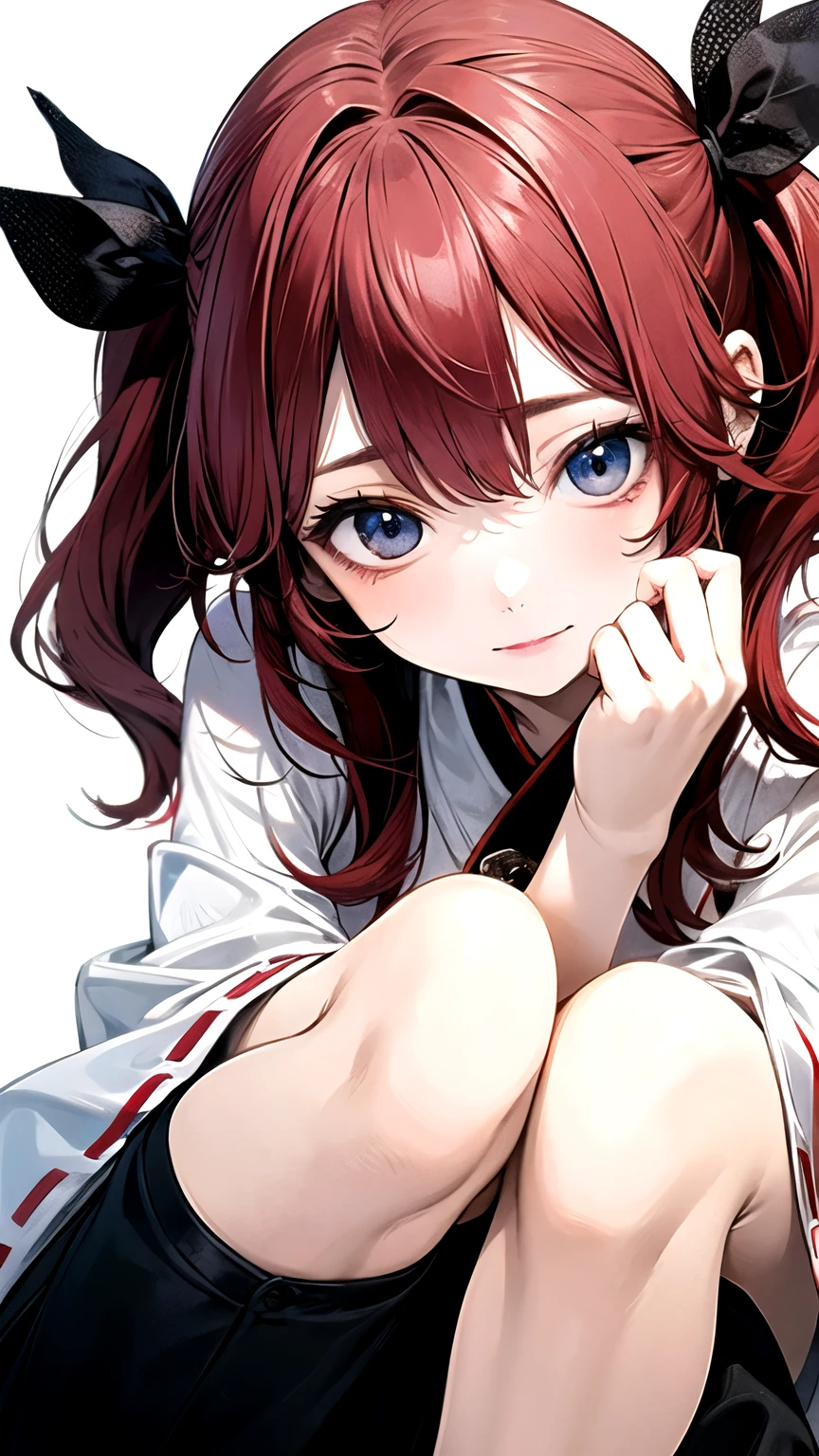 Background Single Color，from front，((highest quality)), ((masterpiece)), (detailed), Perfect Face. Asian Girl. Red Hair. blue eyes. . miko，(high twintails)，Hide your feet