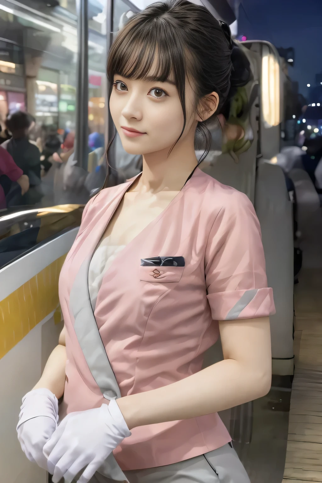 (masterpiece:1.2, highest quality:1.2), 32K HDR, High resolution, (alone、1 girl)、(On the rooftop of a building in the daytime、Professional Lighting)、Building rooftop background、(Nankai train crew uniform pinkを着たリアルスタイル)、(Nankai train crew uniform pink short sleeve pink jacket、Nankai Train Crew Uniform Pink Collarless Short Sleeve Blouse、Nankai Train Crew Uniform Pink Grey Knee-length Culottes)、Dark brown hair、(Hair tied up、Hair Bun、Hair Bun)、Dark brown hair、Long Shot、Big Breasts、Thin legs、((Great hands:2.0)),((Harmonious body proportions:1.5)),((Normal limbs:2.0)),((Normal finger:2.0)),((Delicate eyes:2.0)),((Normal eyes:2.0)))、smile、(Nankai Train Crew Uniform Pink Grey Knee-length Culottesを見せた美しい歩く姿)、Place your hands around your stomach、