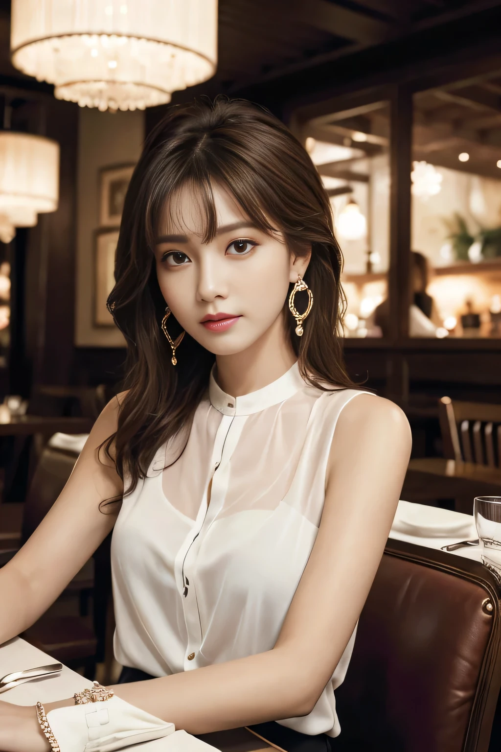 masterpiece, highest quality, Realistic, Very detailed, Finer details, High resolution, 8k wallpaper, One beautiful woman, Wear an elegant see-through shirt, In a great restaurant, At night, Light brown shaggy haircut, Perfect dynamic composition, Beautiful and beautiful eyes、Big earrings、Sitting in a chair、Sleeveless shirt、
Waiting to start 
