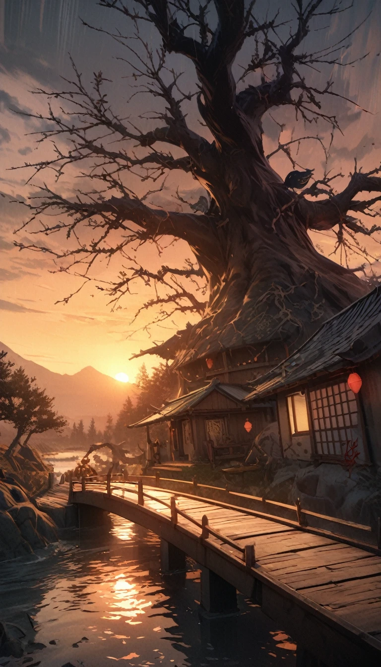 masterpiece, high quality, high resolution,8K, Chinese painting ,, Dead vines, old ((Trees)), dusk ((crow)) No crying,, ((A small bridge)), flowing water,Cool Pudding Dog Totem (((Humble residence))),  (Pudding dog:1.6),, Cold wind blows westward ((An old road)),, When the sun sets, My heart ached with the anger of loneliness,,