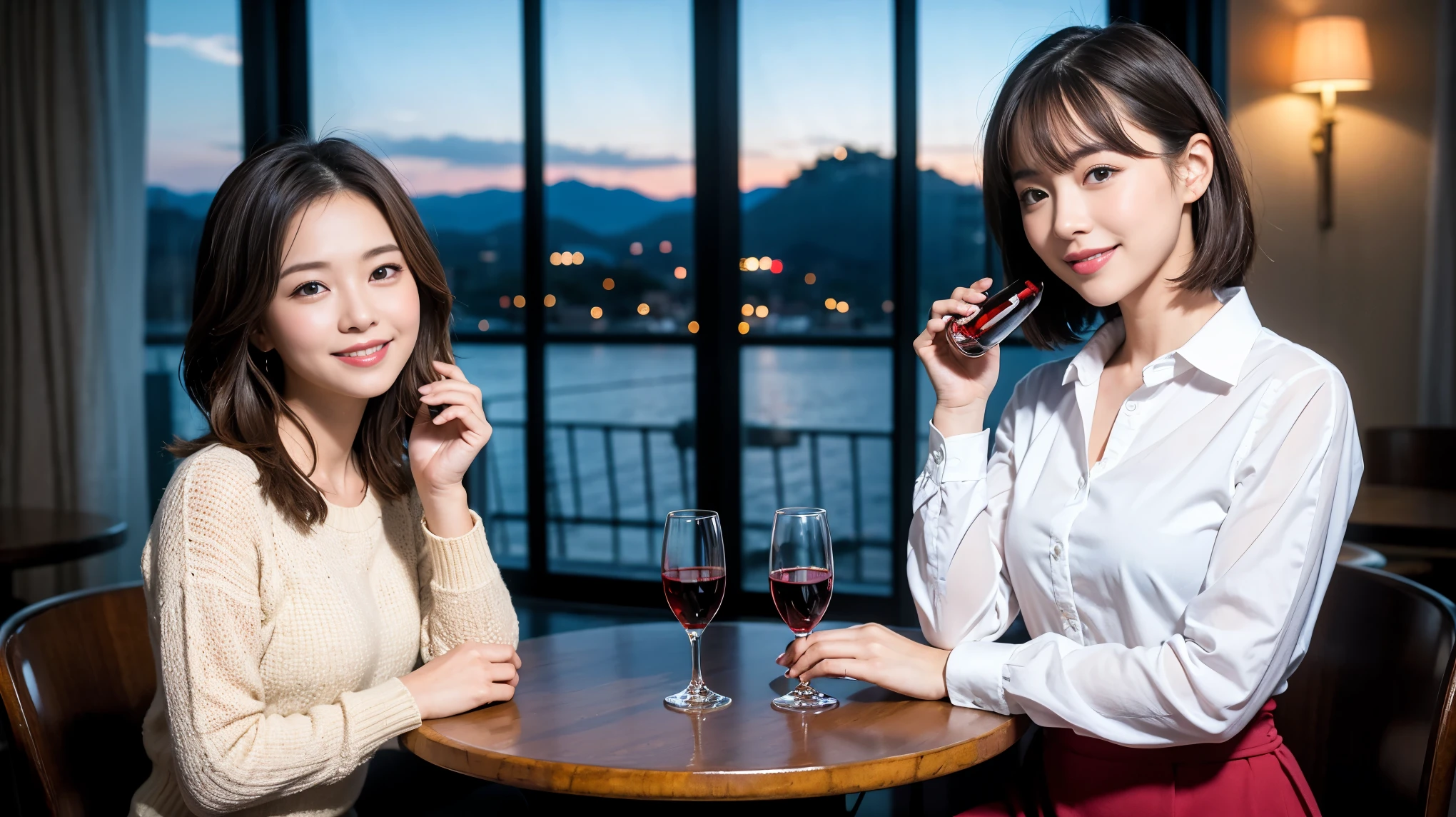 ((highest quality、8k、masterpiece:1.3))、1 male、1 female、石原さとみ似美女Couple、lover、Couple、The body is slim、full-course dinner、テーブルの上のwine glass、Put the light on your face、 Amazing view of the sunset sky and clouds、A bright smile、The wonderfulness of smile、Bright image、 short hair,Bright Face、 (Age 37), "41 years old, red wine 、Appetizers、Italian food、Wine bottle、Champagne、sparkling wine、Two beauties、Brown Hair、Shortcuts、Long sleeve shirt、dress、Pretty Woman 1, (slimな顔), (The body is slim), (Brown Hair), (Shortcuts), cheeks turn a little red,Attractive beauty、restaurant, In a prominent place (From the waist up) Nova Frog Style, actress, model, Upper Body, White wine, slim, wine glass, 中央に置かれたwine glass, smile, (smile: 1.15), Beautiful fine grain, Depth f/2,saturation, High Contrast, Strong light and shadow,Moist Body:1.5、3D texture、Delicate eyes、Brown Hair、The hair is very shiny、