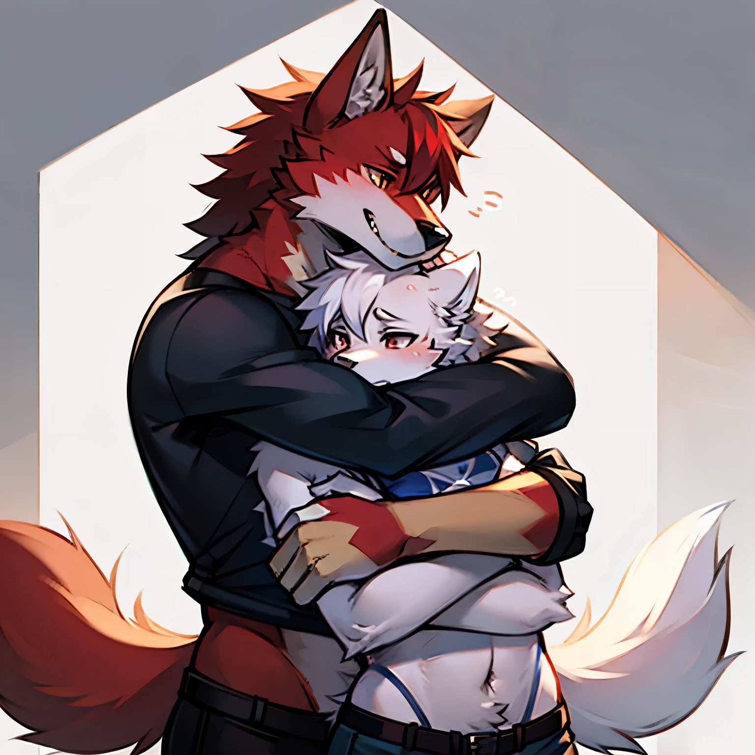 red furry wolf hugging white furry wolf clothed