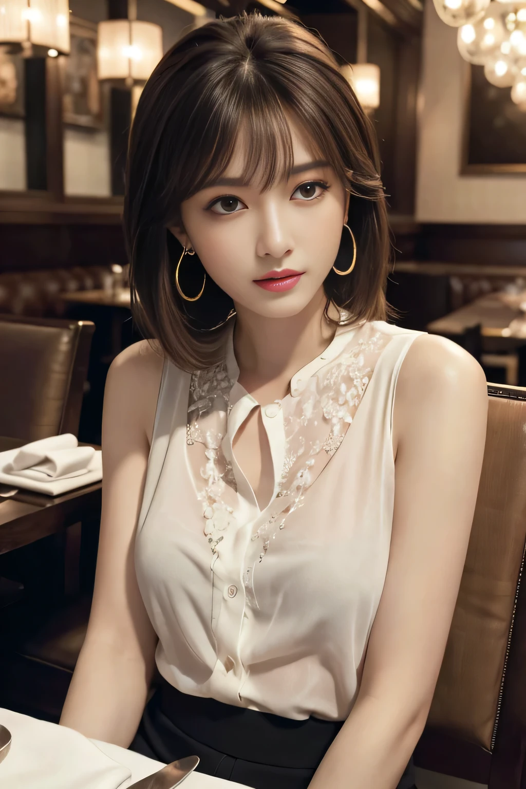 masterpiece, highest quality, Realistic, Very detailed, Finer details, High resolution, 8k wallpaper, One beautiful woman, Wear an elegant see-through shirt, In a great restaurant, At night, Light brown shaggy haircut, Perfect dynamic composition, Beautiful and beautiful eyes、Big earrings、Sitting in a chair、Sleeveless shirt、