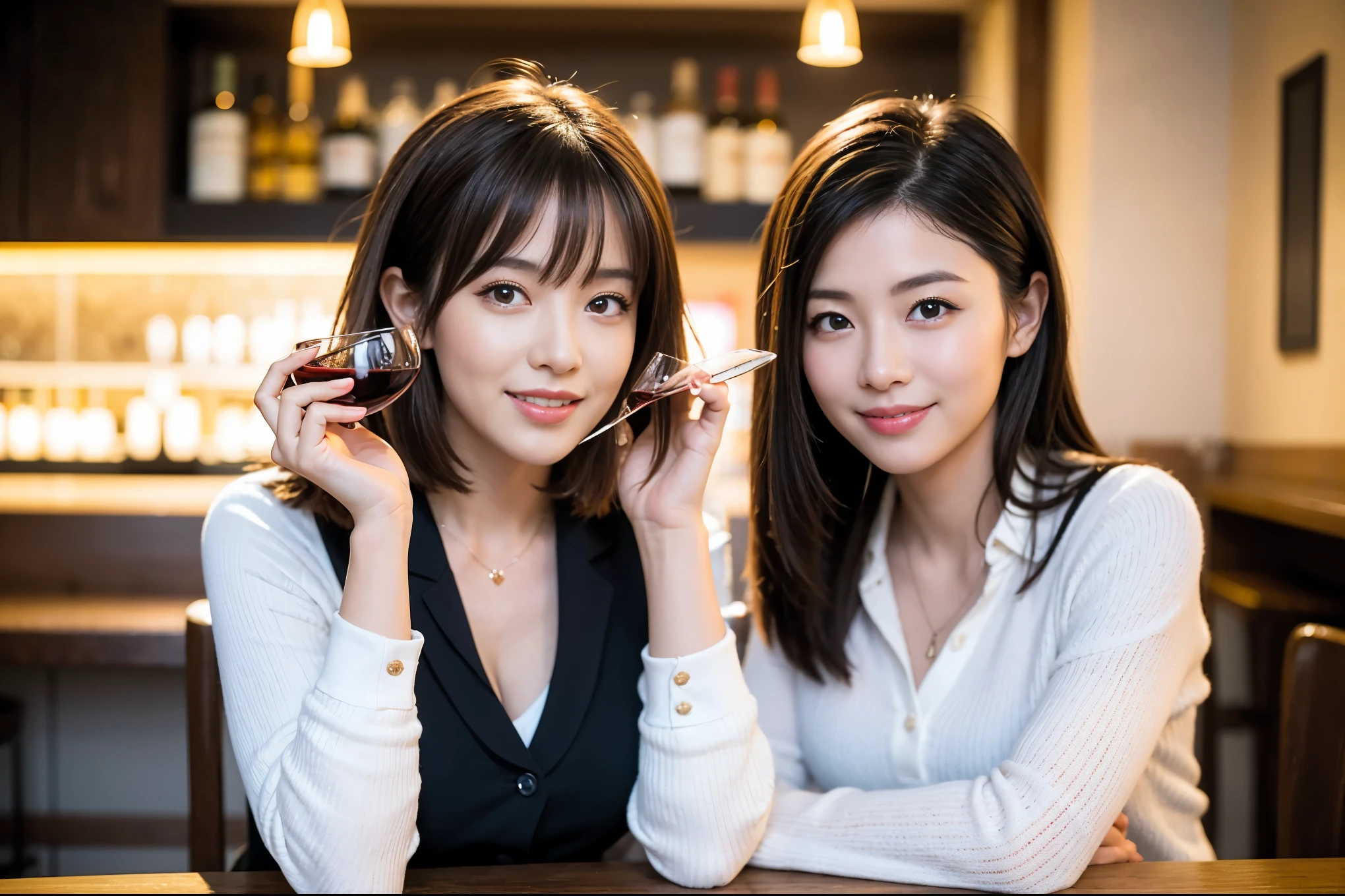 ((highest quality、8k、masterpiece:1.3))、1 male、1 female、石原さとみ似美女Couple、Spouse、Couple、The body is slim、((Bob Hale、Straight hair:1.2)), (Realistic, Intricate details:1.2), テーブルの上のwine glass、Shine light on your face、 Amazing view of the sunset sky and clouds、Amazing mountain views、A bright smile、The wonderfulness of smile、Bright image、The beauty of wine, Beautiful Face, blue eyes, The light shines on your face, Blushing, short hair,Bright Face、 (Age 37), "41 years old, red wine 、Appetizers、Italian food、Wine bottle、Champagne、sparkling wine、Two beauties、Brown Hair、Shortcuts、Long sleeve shirt、dress、Pretty Woman 1, (slimな顔), (The body is slim), (Brown Hair), (Shortcuts), cheeks turn a little red,Attractive beauty、restaurant, In a prominent place (From the waist up) Nova Frog Style, actress, model, Upper Body, White wine, slim, wine glass, 中央に置かれたwine glass, smile, (smile: 1.15), Beautiful fine grain, Depth f/2,saturation, High Contrast, Strong light and shadow,Moist Body:1.5、3D texture、Delicate eyes、Brown Hair、The hair is very shiny、
