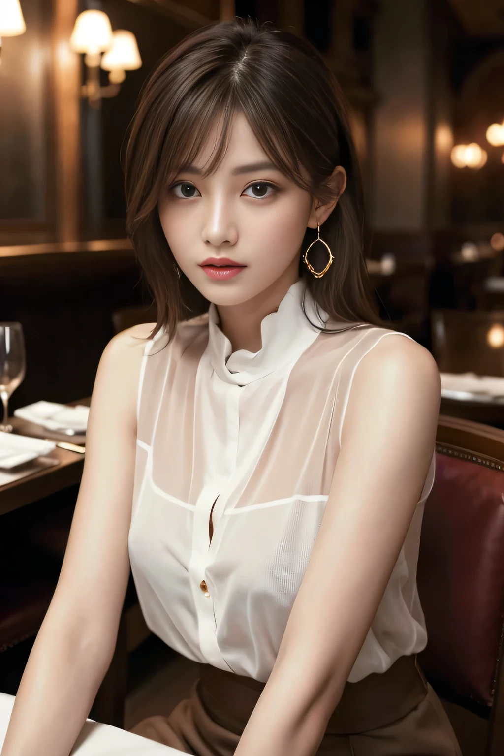 masterpiece, highest quality, Realistic, Very detailed, Finer details, High resolution, 8k wallpaper, One beautiful woman, Wear an elegant see-through shirt, In a great restaurant, At night, Light brown shaggy haircut, Perfect dynamic composition, Beautiful and beautiful eyes、Big earrings、Sitting in a chair、Sleeveless shirt、