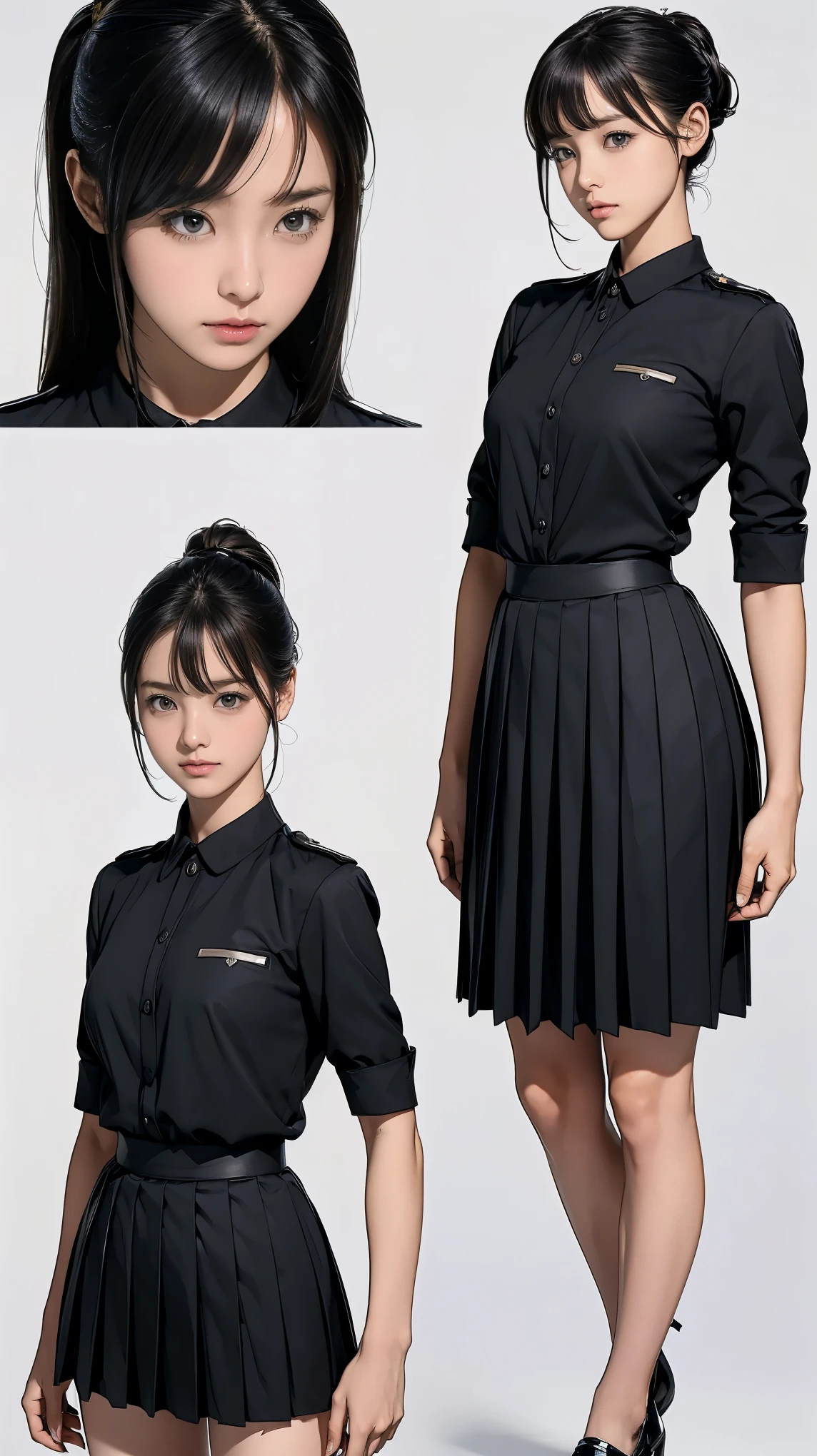 ((masterpiece)),(((highest quality))),((Reference Sheet, Character Design, front, return, ~ ~ side, Mr..々Hairstyle, Mr..々Performance, Facial Expressions)), 14-year-old girl, Cute type, (Very slim:1.4), (Very small ass:1.4), Realistic buttocks, Big Breasts, Short Bob, Thin thighs, Long legs, It's not a big deal, ((black uniform, Black pleated skirt, uniform, Medals, magnificent uniform)), ((Browsing Caution:1.0))
