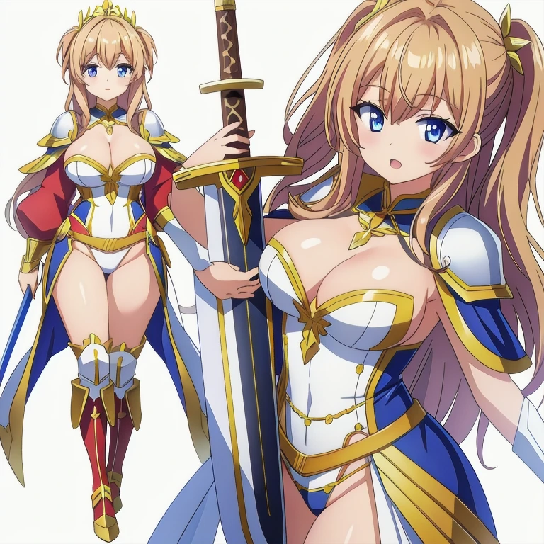 masterpiece, best quality, solo, milf, high fantasy outfits, ((white background)), full body, multiple views, thong, cleavage, holding sword, bikini armor,