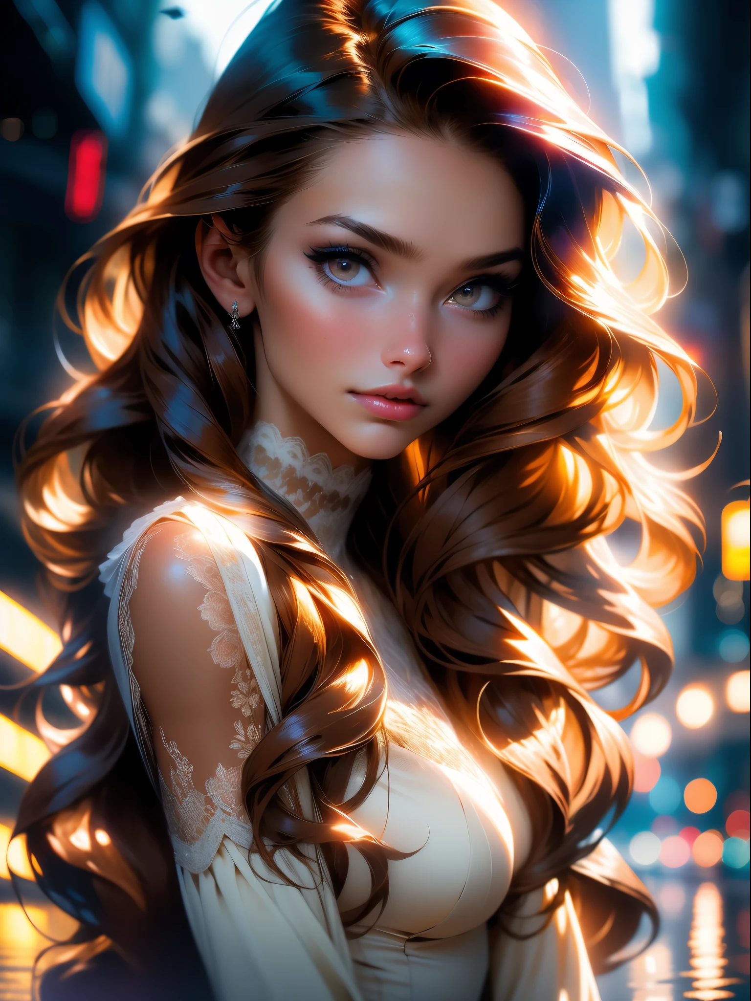 Photo of 25 year old European girl, RAW, beautiful woman, (brown hair with extra long wavy), ((portrait)), (Detailed face: 1.2)), (Detailed facial features)), (Fine skin), pale skin, high detail and deep cleavage body conhasmat suit, slim body, megacity environment, (cold color), wet, moist, reflection, (masterpiece) ( Perfect proportions) (realistic photos) (highest quality) (detail) shot with Canon EOS R5, 50mm lens, f/2.8, HDR, (8k) (wallpaper) (movie lighting) (dramatic lighting) (sharp focus) (complex) fashion