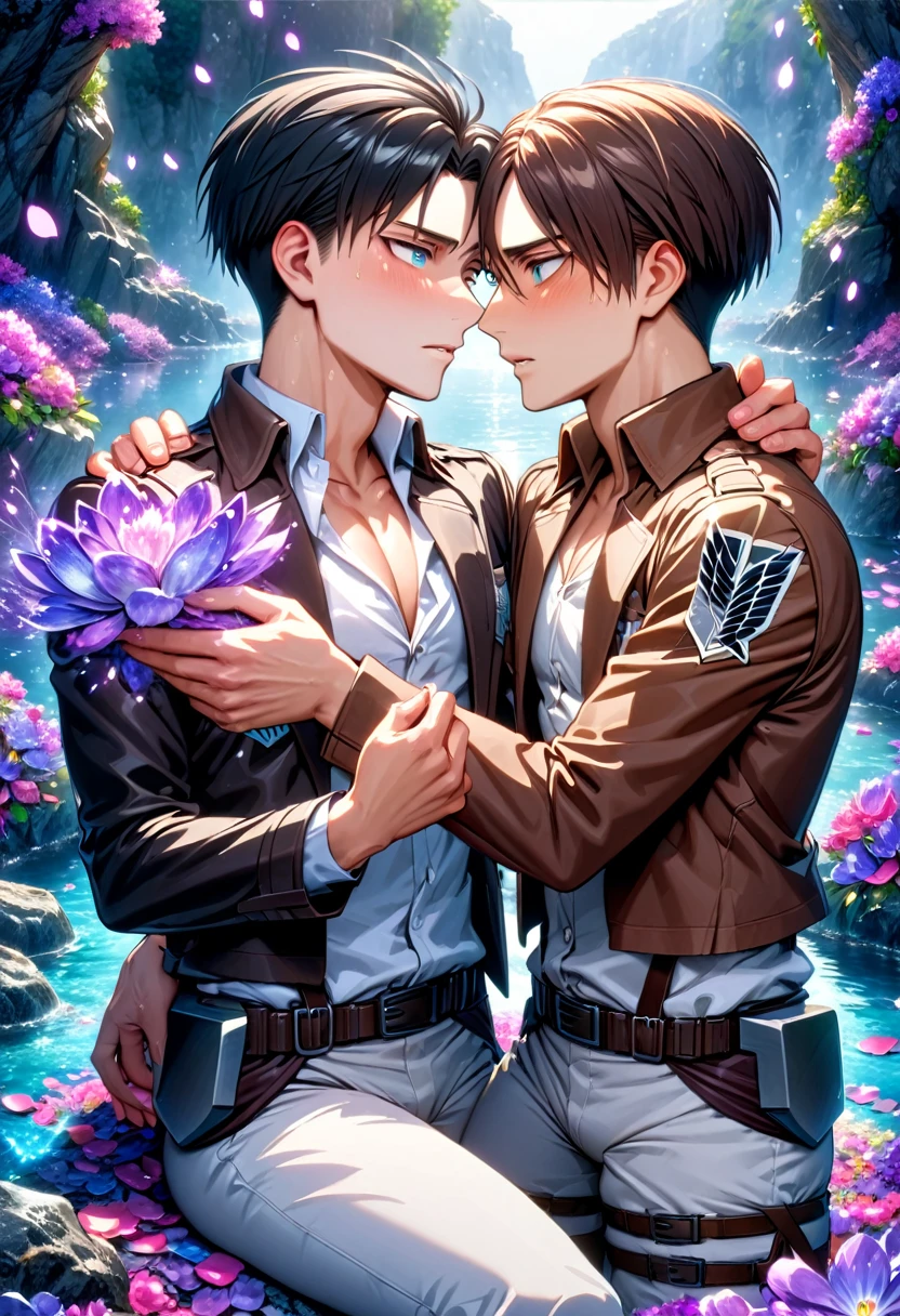 Ultra detailed, Highres, absurdres, HDR, master piece, Eren Jeager, brown hair, expressive turquoise eyes, Levi Ackerman, black hair, expressive silver eyes, Shingeki No Kyojin, two sexy man together, gay couple, love, extremely detailed eyes and face, water, purple flowers, purple fireflies, petals, fantasy, magic, best quality, sexy, toned chest, brown jacket, white shirt, handsome, yaoi, white pants