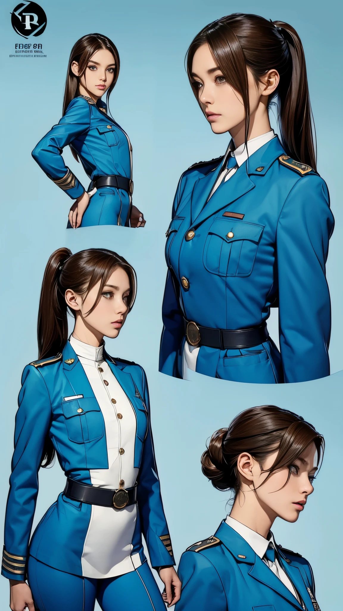 ((masterpiece)),(((highest quality))),((Reference Sheet, Character Design, front, return, ~ ~ side, Mr..々Hairstyle, Mr..々Performance, Facial Expressions)), 14-year-old girl, Cute type, (Very slim:1.4), (Very small ass:1.4), Realistic buttocks, Medium milk, Short brown hair,Thin thighs, Long legs, It's not a big deal,(A female Earth Federation officer is walking), (Wearing Earth Federation military uniform, White and light blue military uniform),(Worn by federal government employees'White Hat:1.5)