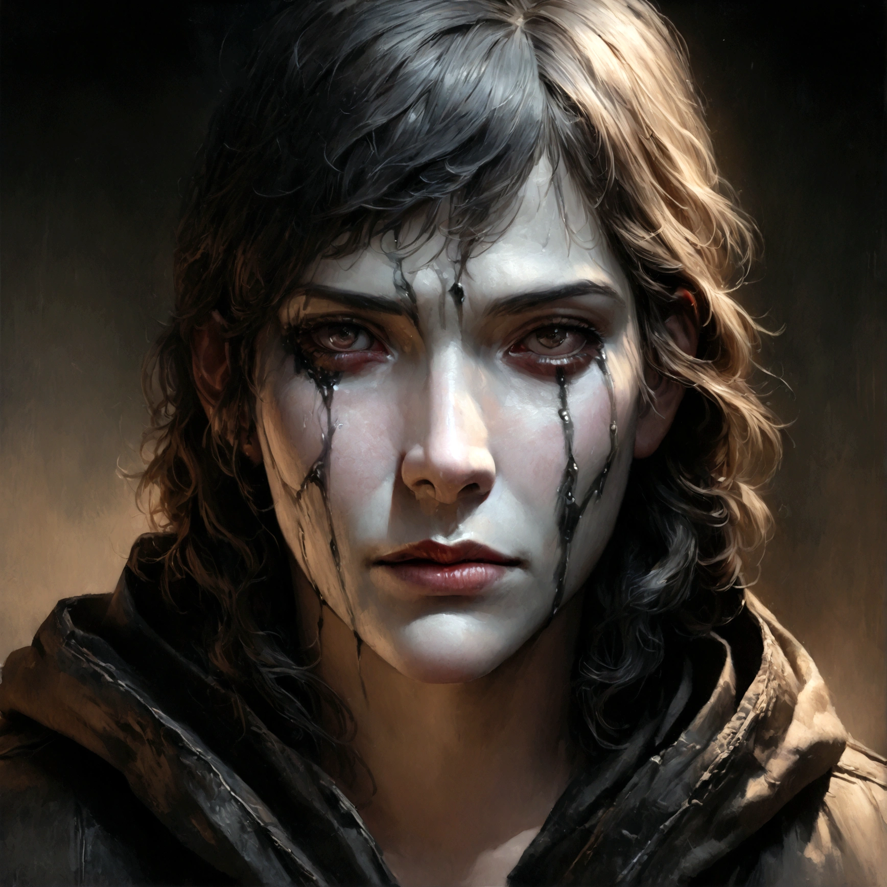 a male with a hooded sweatshirt on wearing a scary mask crying black tears, serial killer aesthetic,1man,dark moody lighting,dramatic shadows,high contrast,exaggerated facial features,intense gaze,(best quality,4k,8k,highres,masterpiece:1.2),ultra-detailed,(realistic,photorealistic,photo-realistic:1.37),chiaroscuro,moody tones,dark colors,dramatic atmosphere,sinister,unsettling,disturbing,horror,dark fantasy