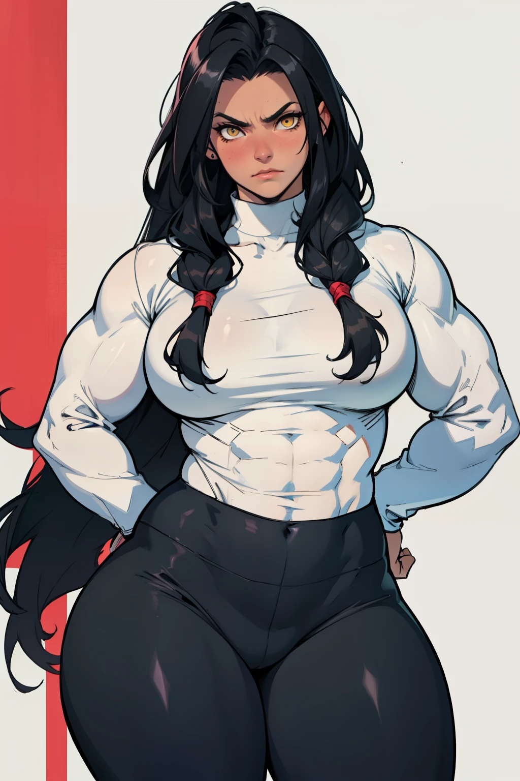 1girl solo black hair yellow eyes very long hair pale skin muscular muscular muscular muscular toned body huge muscles thick thighs girl tight clothes angry blushing long straight hair leggings tight shirt long sleeves thick thick thick thick long straight hair long straight hair long straight hair