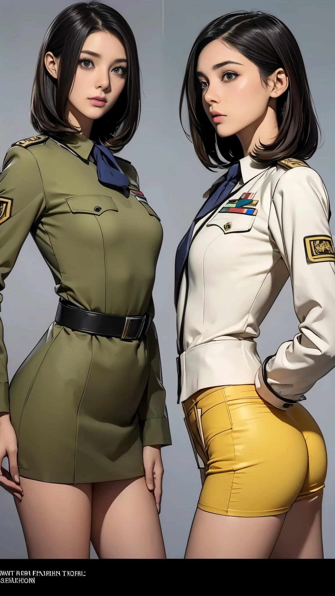 ((masterpiece)),(((highest quality))),((Reference Sheet, Character Design, front, return, ~ ~ side, Mr..々Hairstyle, Mr..々Performance, Facial Expressions)), 14-year-old girl, Cute type, (Very slim:1.4), (Very small ass:1.4), Realistic buttocks, (Medium bust:1.4), Short Bob, Thin thighs, Long legs, It's not a big deal,(A female Earth Federation officer is walking), (Wearing Earth Federation military uniform, White and light yellow military uniform),(Worn by federal government employees'White Hat:1.5)