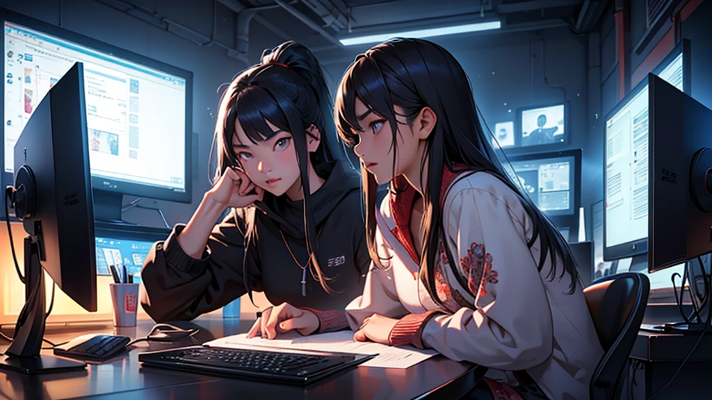 a 16 year old chinese girl, hacker expert in technology,beautiful detailed eyes,beautiful detailed lips,extremely detailed eyes and face,longeyelashes,sitting in her cozy and relaxing room,typical of a chinese teenager,looking at computer monitor,digital art,cinematic lighting,moody atmosphere,vibrant colors,intricate details,hyper realistic,photorealistic,highly detailed,award winning,8k,masterpiece