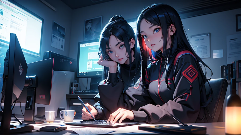 a 16 year old chinese girl, hacker expert in technology,beautiful detailed eyes,beautiful detailed lips,extremely detailed eyes and face,longeyelashes,sitting in her cozy and relaxing room,typical of a chinese teenager,looking at computer monitor,digital art,cinematic lighting,moody atmosphere,vibrant colors,intricate details,hyper realistic,photorealistic,highly detailed,award winning,8k,masterpiece