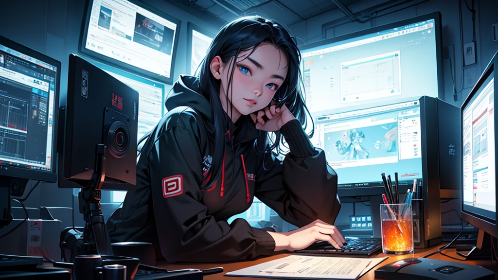 a 16 year old chinese girl, hacker expert in technology,beautiful detailed eyes,beautiful detailed lips,extremely detailed eyes and face,longeyelashes,sitting in her cozy and relaxing room,typical of a chinese teenager,looking at computer monitor,digital art,cinematic lighting,moody atmosphere,vibrant colors,intricate details,hyper realistic,photorealistic,highly detailed,award winning,8k,masterpiece