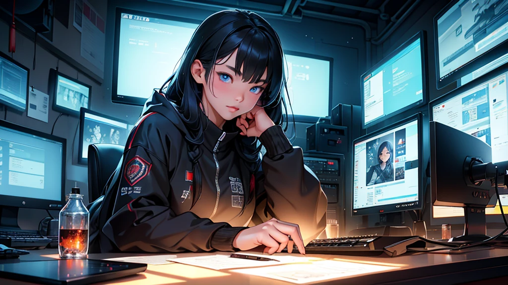 a 16 year old chinese girl, hacker expert in technology,beautiful detailed eyes,beautiful detailed lips,extremely detailed eyes and face,longeyelashes,sitting in her cozy and relaxing room,typical of a chinese teenager,looking at computer monitor,digital art,cinematic lighting,moody atmosphere,vibrant colors,intricate details,hyper realistic,photorealistic,highly detailed,award winning,8k,masterpiece