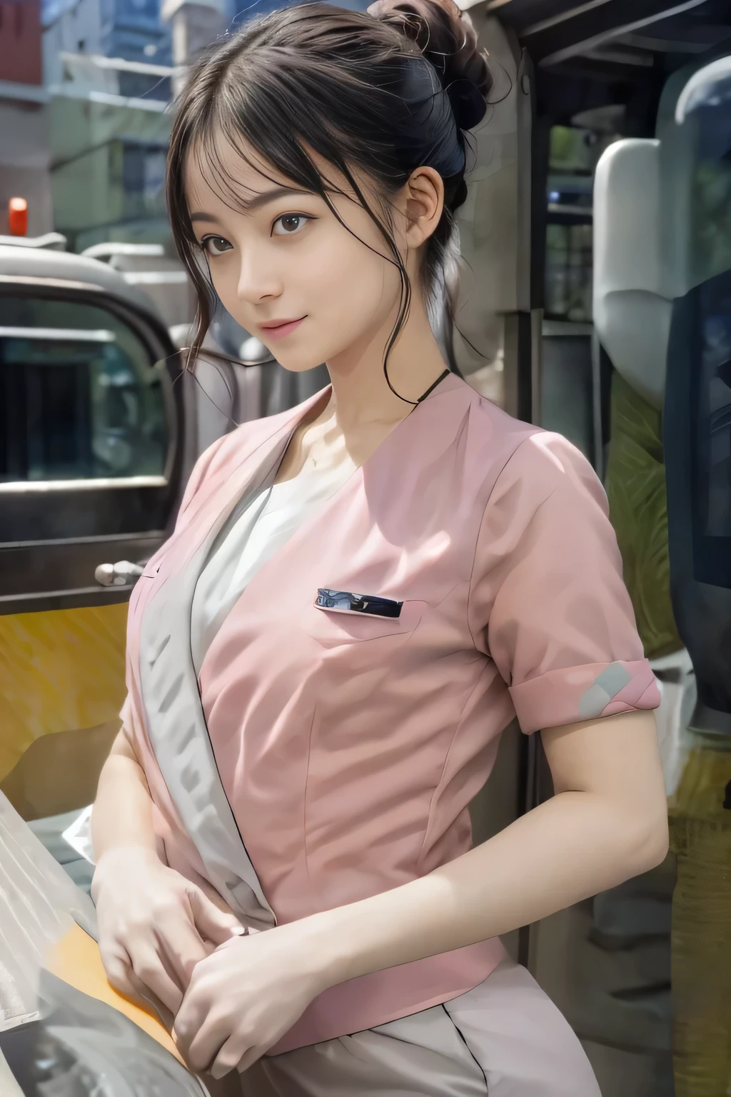 (masterpiece:1.2, highest quality:1.2), 32K HDR, High resolution, (alone、1 girl)、（On the rooftop of a building in the daytime、Professional Lighting）、Building rooftop background、（Nankai train crew uniform pinkを着たリアルスタイル）、（Nankai train crew uniform pink short sleeve pink jacket、Nankai Train Crew Uniform Pink Collarless Short Sleeve Blouse、Nankai Train Crew Uniform Pink Grey Knee-length Culottes）、Dark brown hair、（Hair tied up、Hair Bun、Hair Bun）、Dark brown hair、Long Shot、Big Breasts、Thin legs、（（Great hands：2.0）），（（Harmonious body proportions：1.5）），（（Normal limbs：2.0）），（（Normal finger：2.0）），（（Delicate eyes：2.0）），（（Normal eyes：2.0））)、smile、（Nankai Train Crew Uniform Pink Grey Knee-length Culottesを見せた美しい歩く姿）、Place your hands around your stomach、