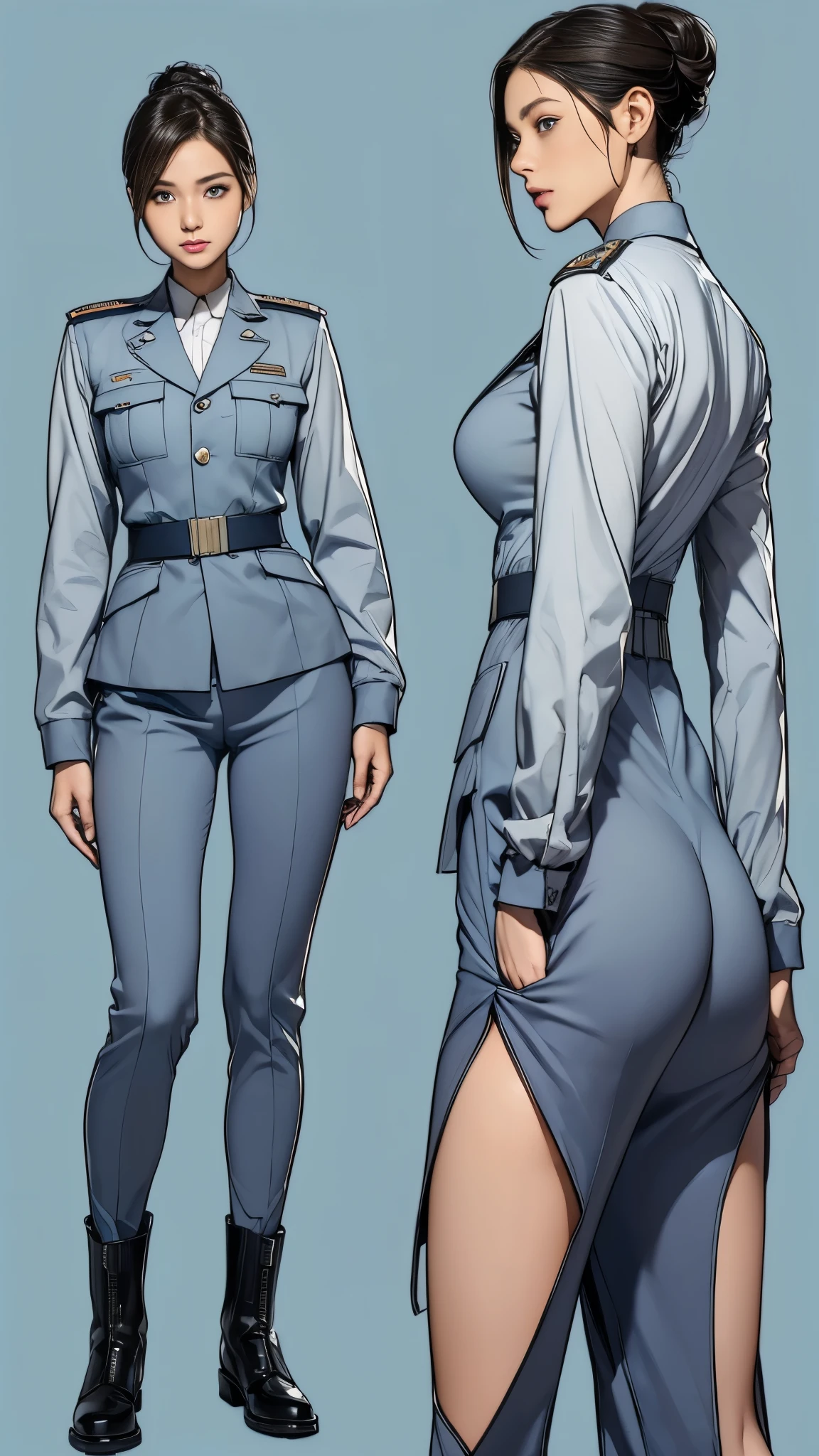 ((masterpiece)),(((highest quality))),((Reference Sheet, Character Design, front, return, ~ ~ side, Mr..々Hairstyle, Mr..々Performance, Facial Expressions)), 14-year-old girl, Cute type, (Very slim:1.4), (Very small ass:1.4), Realistic buttocks, (Big Breasts:1.3), Short Bob, Thin thighs, Long legs, It's not a big deal,(A female Earth Federation officer is walking), (Wearing Earth Federation military uniform, White and light blue military uniform),(Worn by federal government employees'White Hat:1.5)