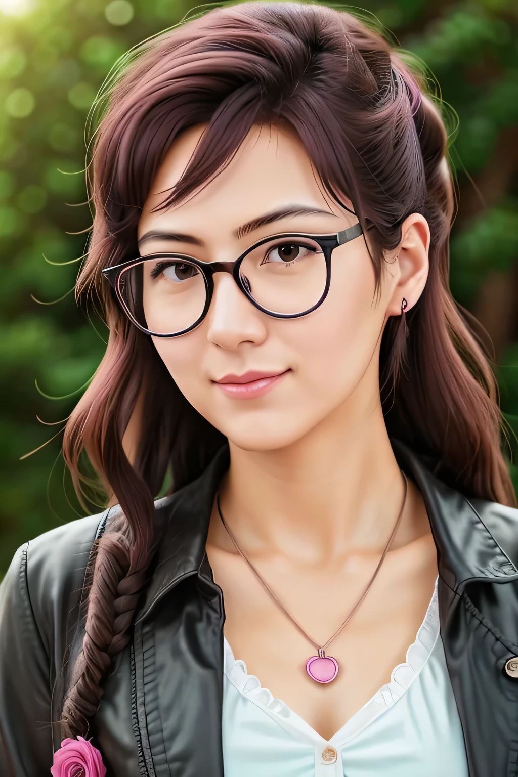 Close-up of a woman with rosa hair wearing glasses, artwork in Guvez style, Guvez, retrato realista kawaii, inspirado em Seihiko-kun, glowing rosa face, rosa girl, lindo retrato de anime, rosa glasses, glowing rosa eyes, estilo anime 3 d realista, Yanjuncheng, estilo de arte anime realista, ((rosa)8K