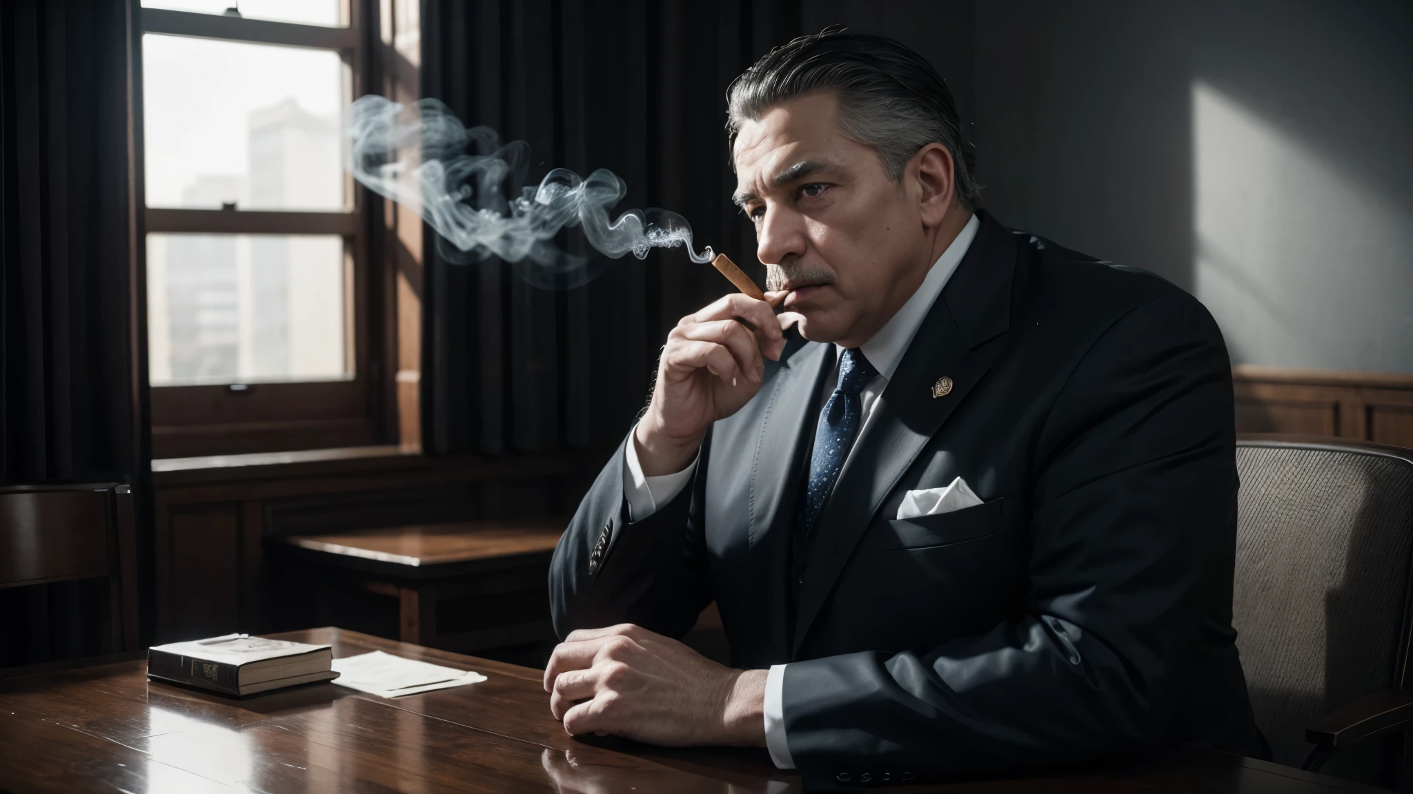 black and white photograph from face to bust, man, 65 years old, smoking cigar, politician, dressed in suit, fat, gangster, dark environment, ????? of light from a window, environment with cigar smoke, high quality, cinematic, 4k, incredibly detailed