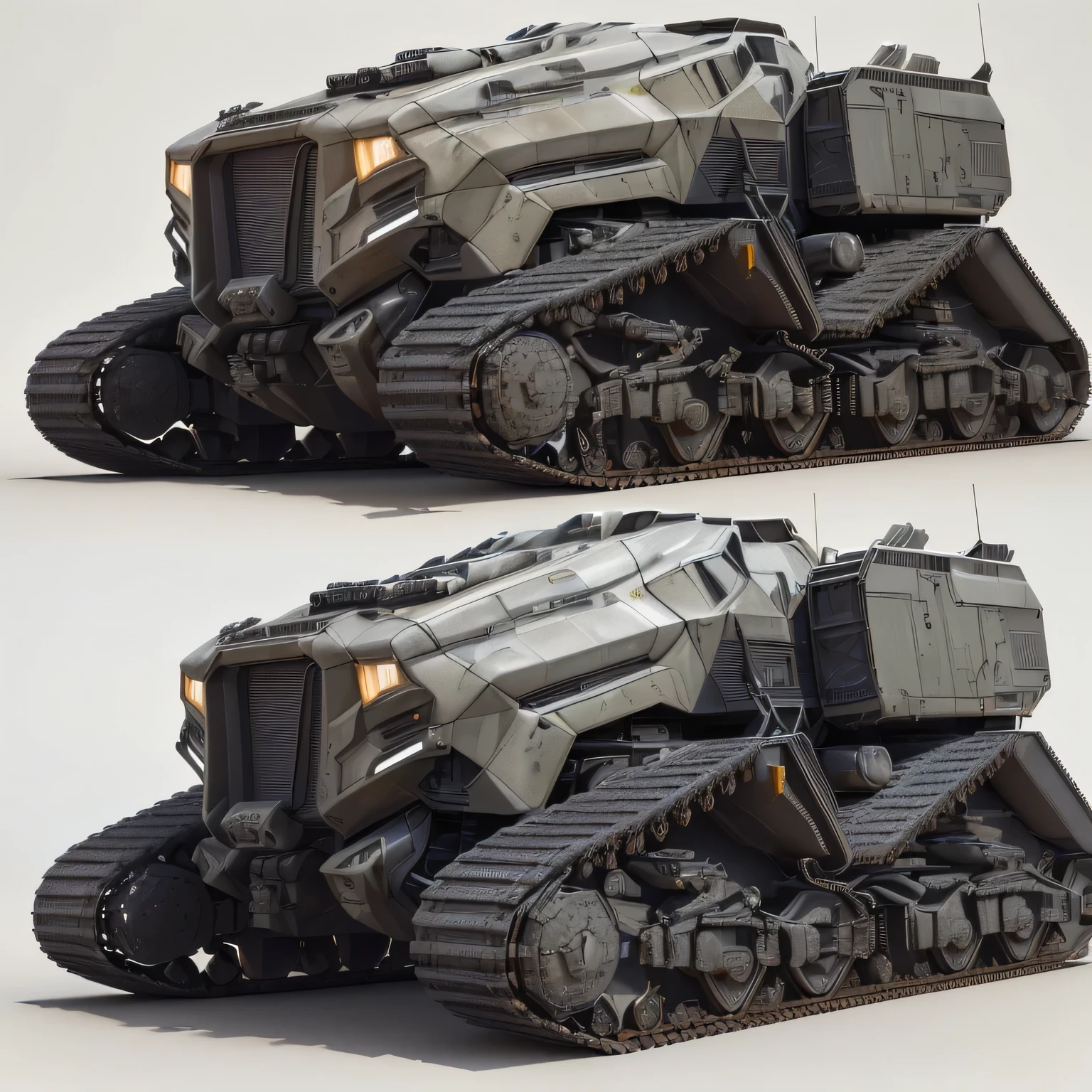 crie um modelo 3d, inspired by this image, (leave as little deformation as possible, pay attention to the mats) de um veiculo que se movimente por esteira, make the mats as realistic as possible, no windows needed, because visibility from the outside will not be possible, a close-up of two different views of a military vehicle, highly detailed science fiction, hard surface modelling, scifi futuristic vehicles, hard surface modeling, hard surface model, low-poly, zbrush hard surface, equipamento de transporte militar, hard surface concept art, hard surface 3 d, Octane 3d rendering concept art