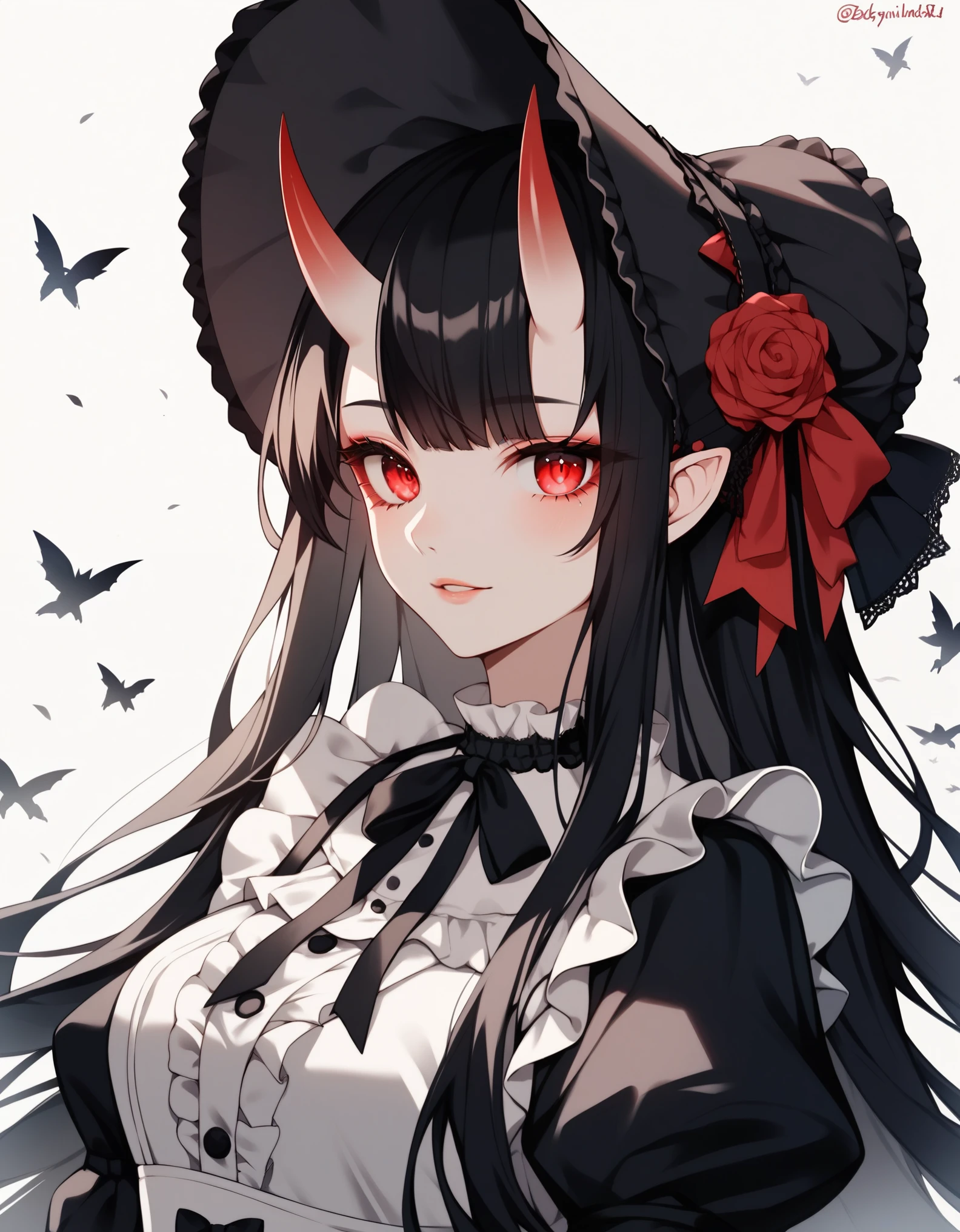 score_9, score_8_up, score_7, score_6, 1girl,abyssal_ship,black_hair,bonnet,dated,dress,frills,glowing,gothic_lolita,horns,isolated_island_oni,lolita_fashion,long_hair,looking_at_viewer,red_eyes,simple_background,solo,twitter_username,very_long_hair,