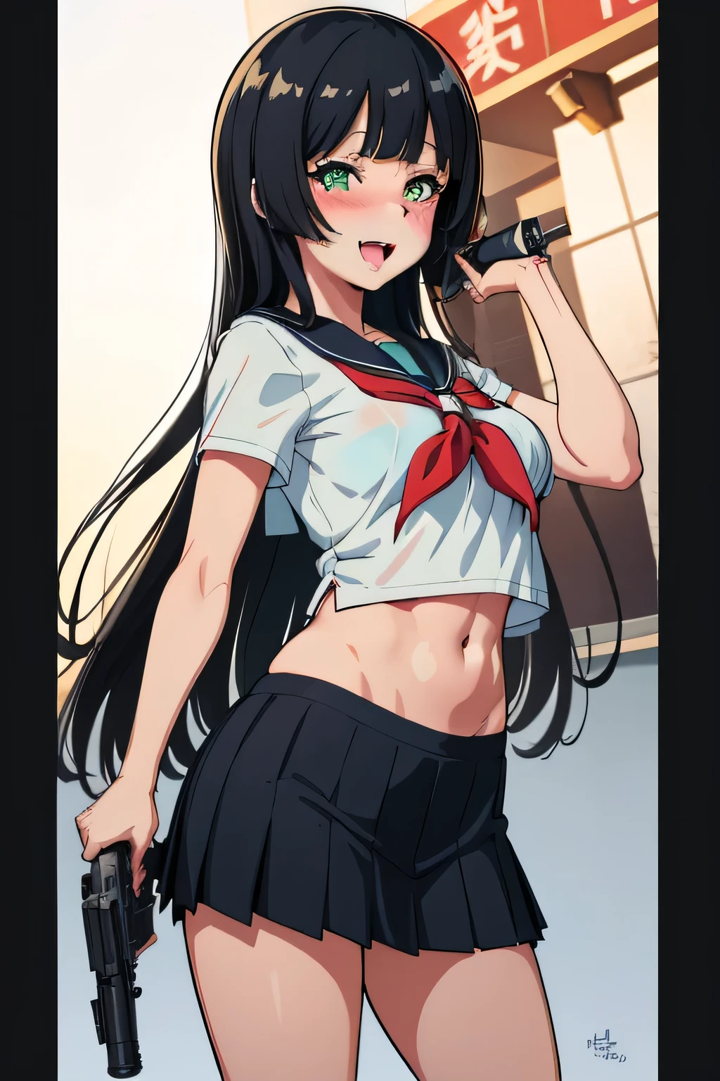 1girl, solo, Souryuuin Akemi, long hair, hime cut, standing, blush, lipstick, masterpiece, best quality, highly detailed, a anime girls in sailor uniforms with a gun posing for a picture,
evil smile, smile, open mouth,black_serafuku, ecchi anime style, anime girls , (nsfw) not safe for work,
ecchi style, ecchi, shipgirls, digital anime art!!, high school girls, holding a gun, hold a gun, anime style 4
k, micro skirt, exposed belly, exposed navel, exposed midriff,
exposed lower belly,school, classroom, 