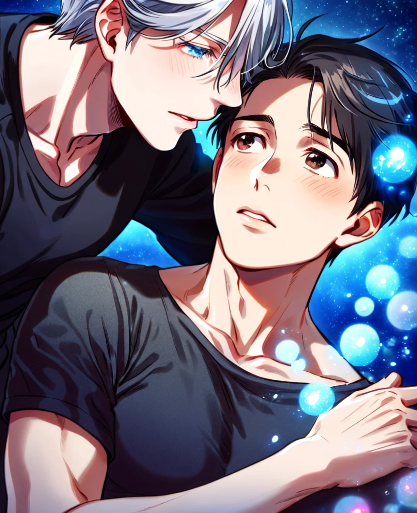 absurdres, highres, ultra detailed, HDR, master piece, best quality, Victor Nikiforov, gray hair, expressive blue eyes, yuri on ice!!!, Katsuki Yuuri, black hair, expressive brown eyes, two sexy men together, gay couple, yaoi, handsome, toned chest, black coat, white coat, black shirt, blue moon, blue forest, blue fireflies, blue flowers, magical, fantasy