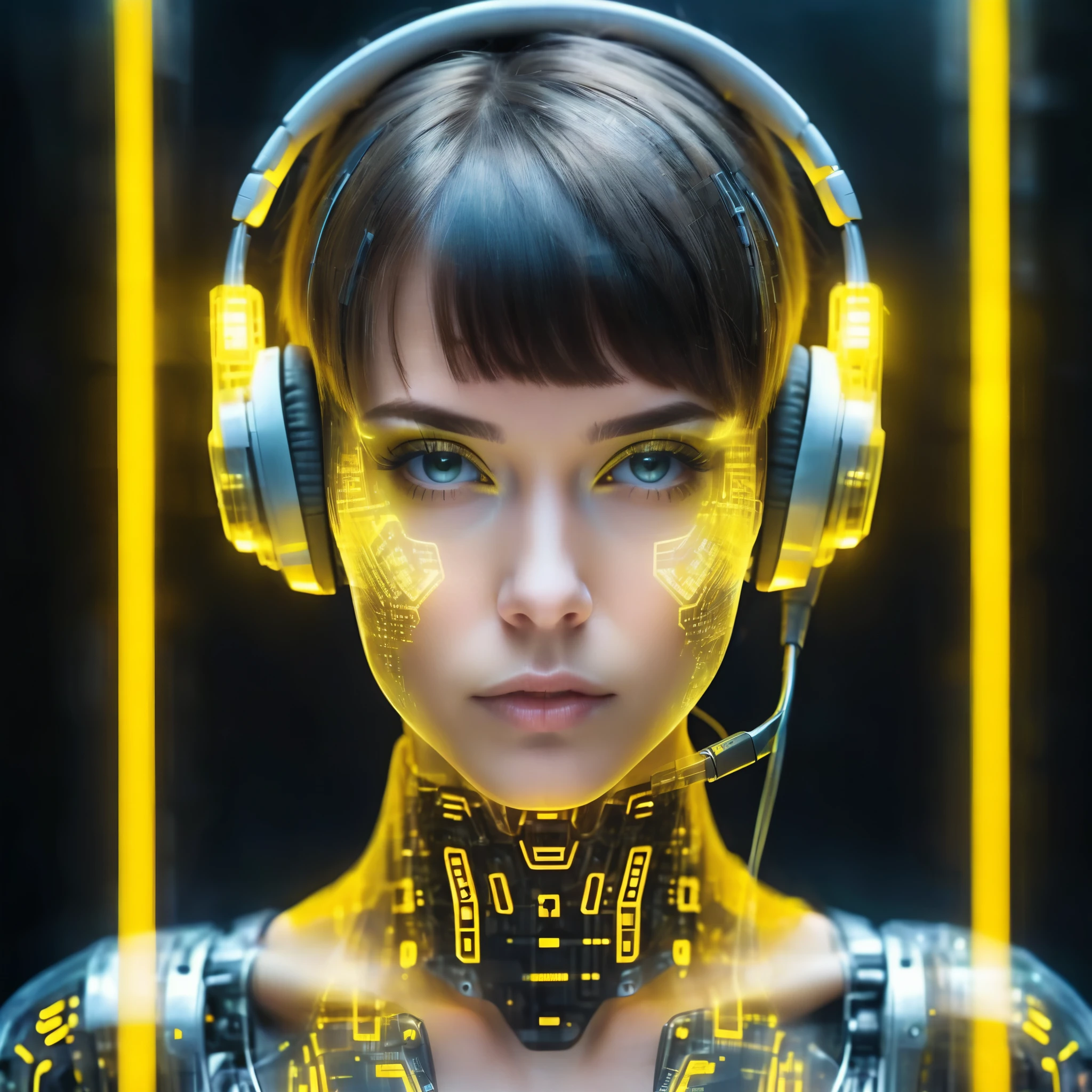 The face of a translucent ethereal mechanical sexy girl，Futuristic russian face，yellow dark short hair, Mechanical connection technology girl face，with headphone ,futuristic matrix code black background