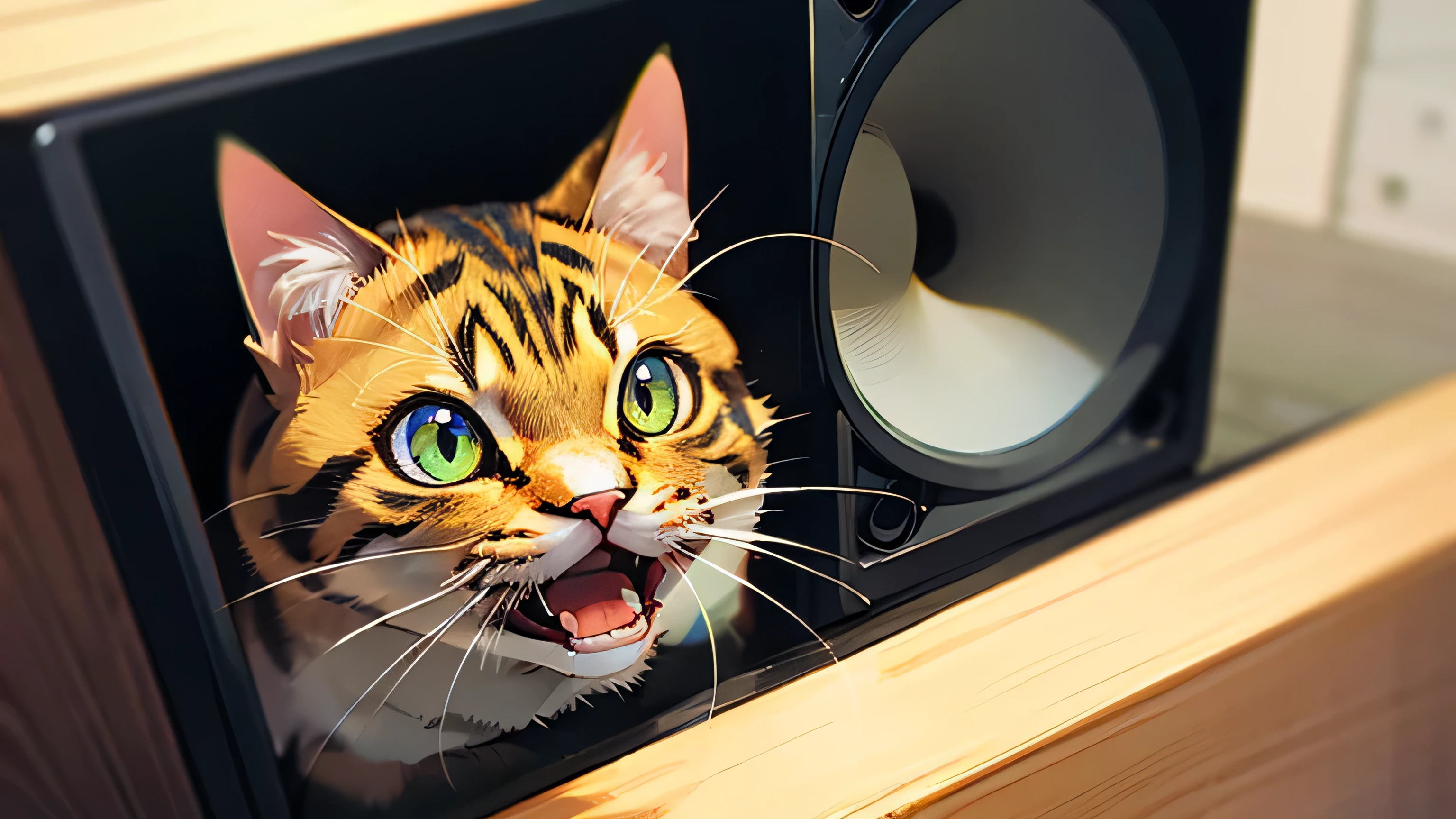 Room with speakers、Real Cat、Face close-up、Yawn
